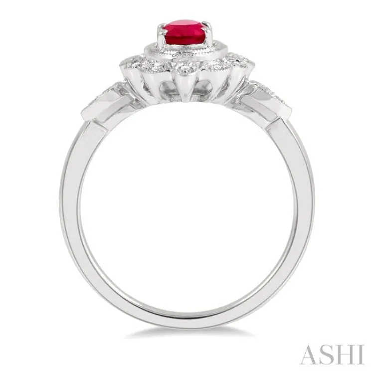 1/8 Ctw Lattice Reverse Taper Shank Round Cut Diamond & 6x4 MM Oval Cut Ruby Precious Ring in 10K White Gold