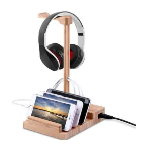 2 in 1 Bamboo Wood Charging Station Stand 3 USB for iPhone -Bamboo Charging Station