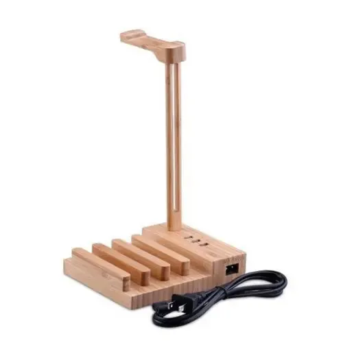 2 in 1 Bamboo Wood Charging Station Stand 3 USB for iPhone -Bamboo Charging Station