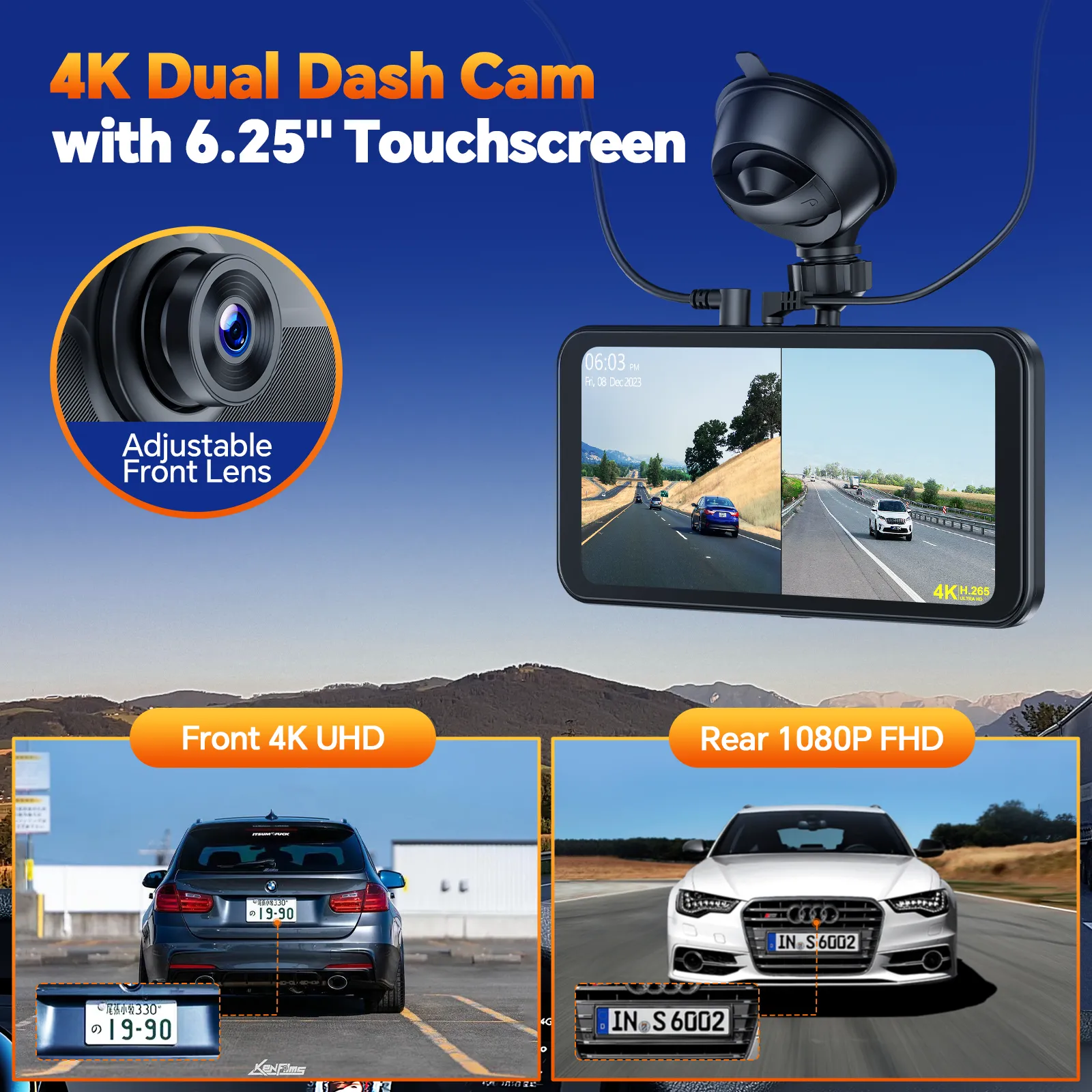 6.28'' Car Stereo Wireless Apple Carplay & Android Auto with 4K Dash Cam and 1080P Backup Camera, Pack Assist & Loop Recording