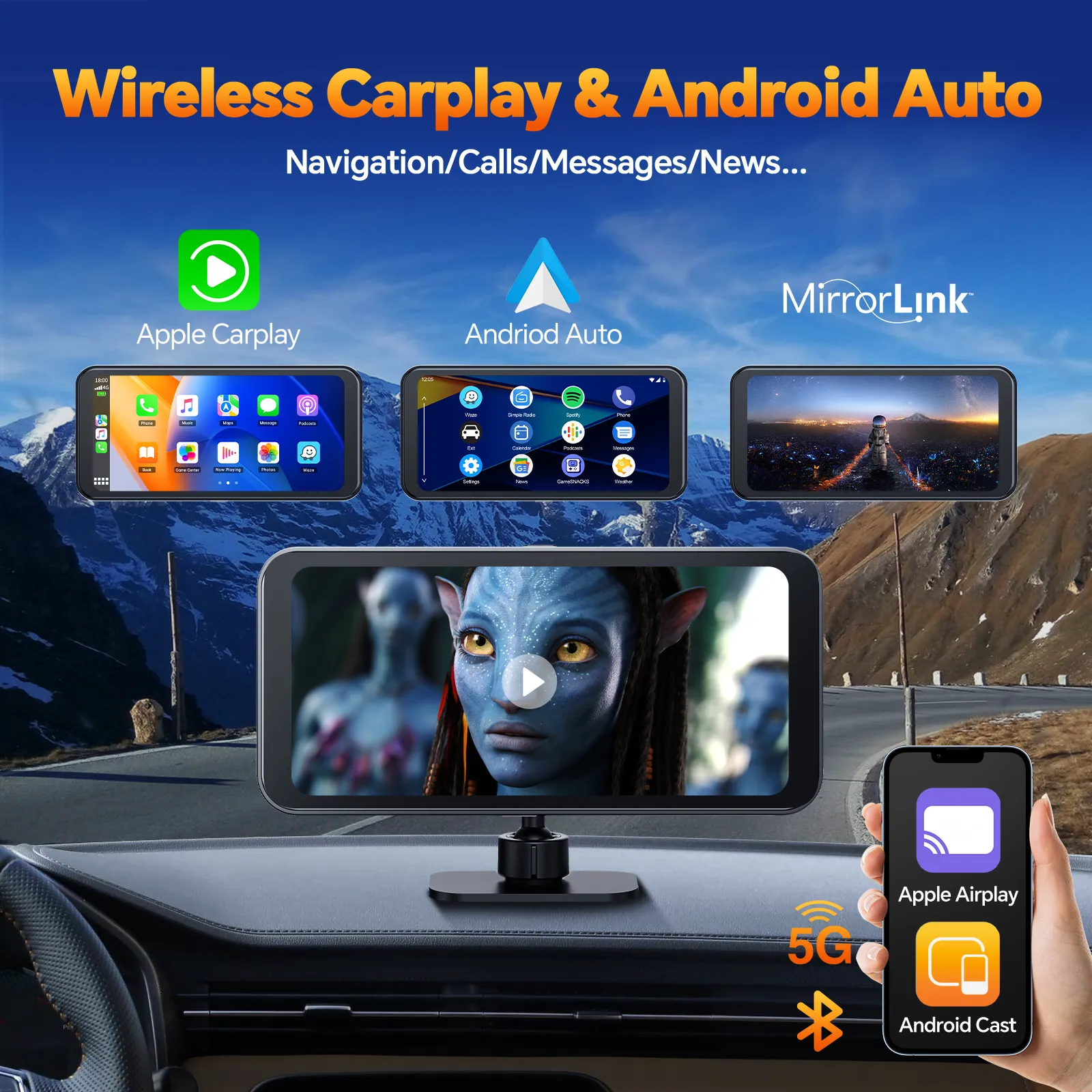 6.28'' Car Stereo Wireless Apple Carplay & Android Auto with 4K Dash Cam and 1080P Backup Camera, Pack Assist & Loop Recording