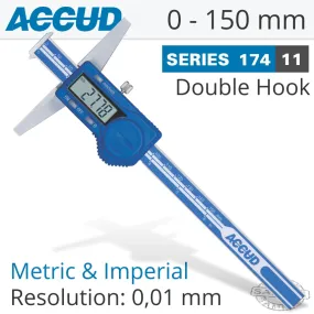 ACCUD DIG. CALIPER 150MM 0.03MM ACC. DOUBLE HOOK DEPTH 0.01MM RES. S/STEEL AC174-006-11