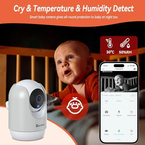 aubor 2K Smart Baby Monitor with Camera and Audio,5G/2.4G WiFi Baby Monitor with Night Vision,Temp & Humidity Sensor,Cry & Motion,2-Way Audio,Indoor Outdoor Baby Monitor with APP-Grey