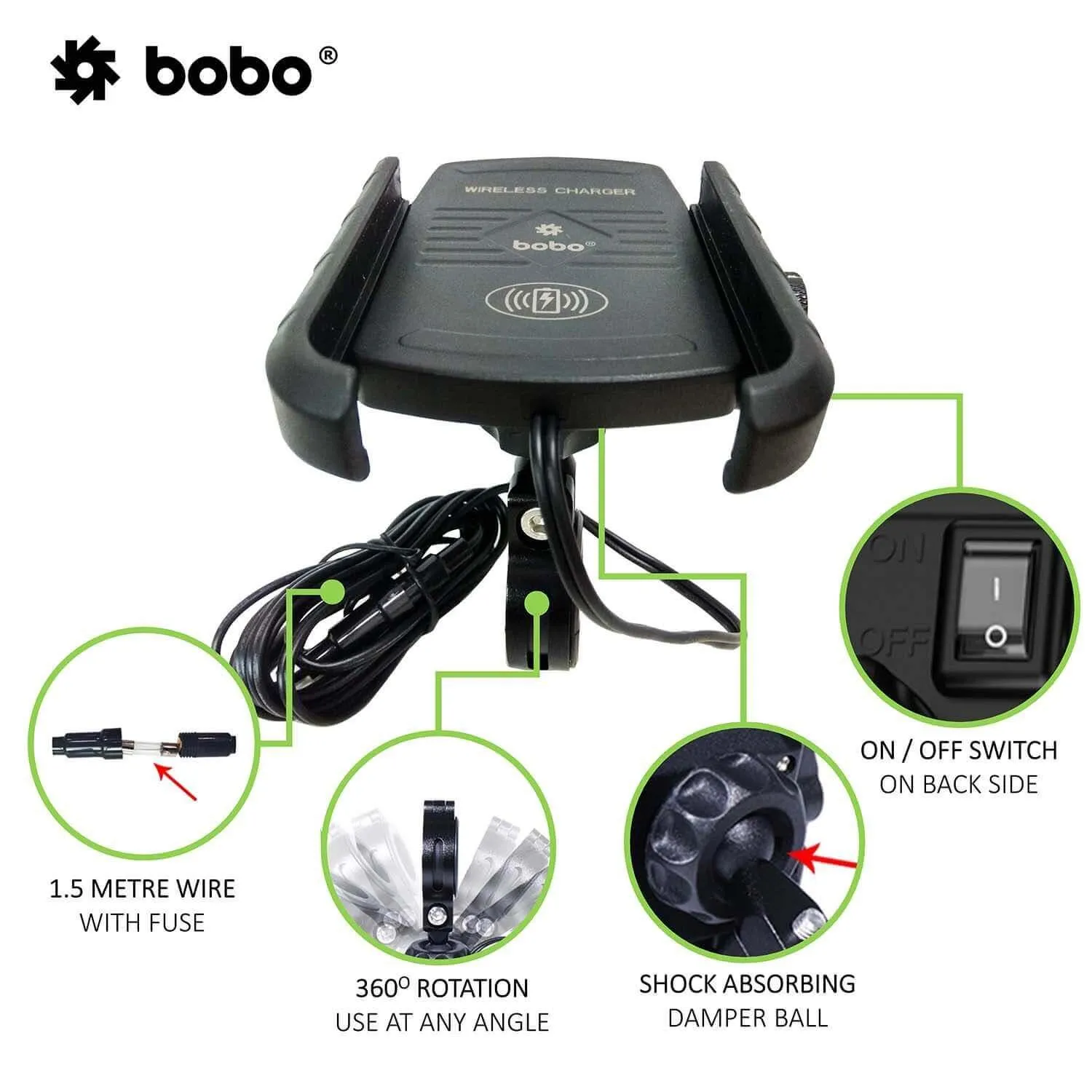 BOBO BM6 Jaw-Grip Bike Phone Holder (with Fast 15W Wireless Charger) Motorcycle Mobile Mount