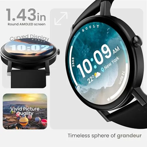 Boult Newly Launched Rover Pro Smart Watch 1.43'' AMOLED, Bluetooth Calling, IP68, Zinc Alloy Frame, 1000 Nits Brightness, AI Voice Assistant, SpO2 Monitoring, 120  Sports Mode Smartwatch (Ash Black)