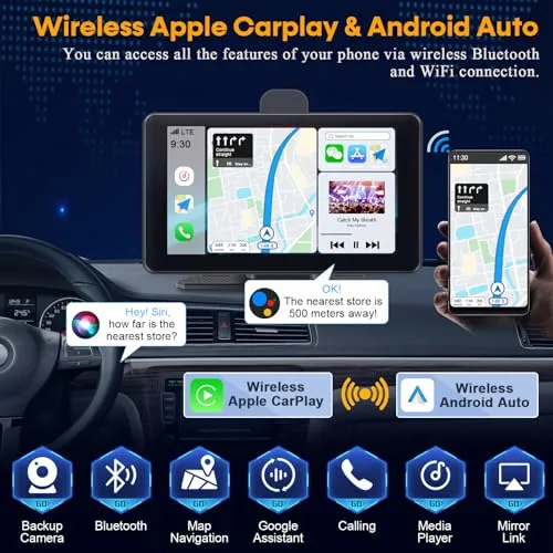 Car Screen Portable Carplay for Apple: 7 Inch Android Auto - Wireless Car Play with Backup Camera,2.5K Dash Cam,GPS Navigation,Car Audio Receivers Bluetooth,Mirror Link, Bluetooth,FM,Siri AMTIFO A28