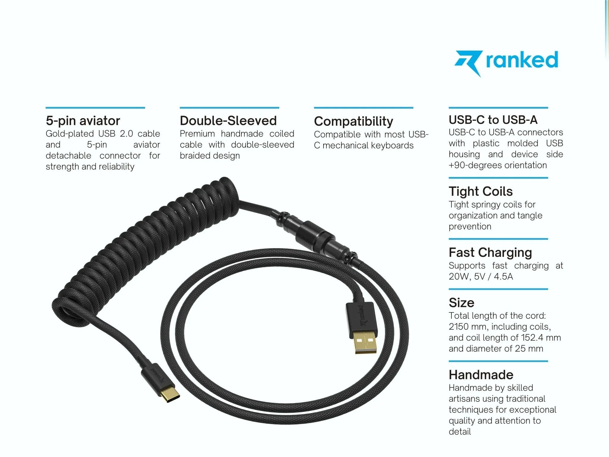 Coiled Keyboard Cable | 5-Pin Aviator Connector