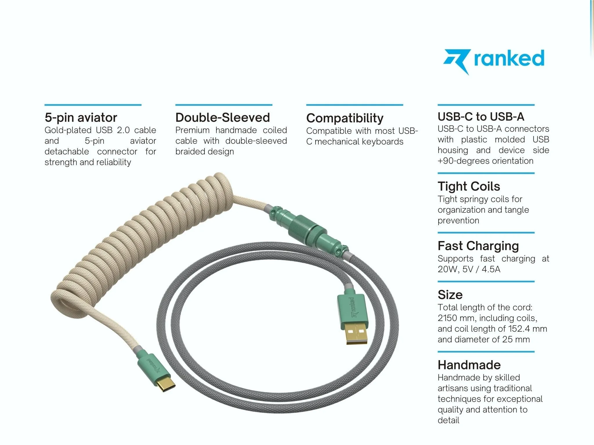 Coiled Keyboard Cable | 5-Pin Aviator Connector