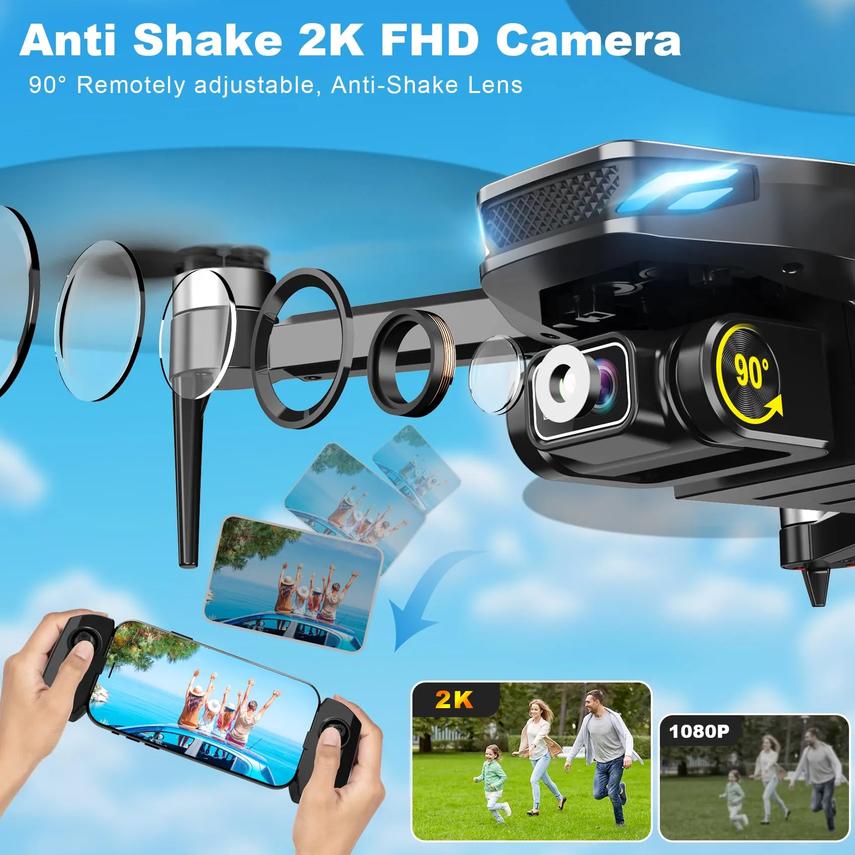 Drone with Camera, 2K FPV Drone with Brushless Motor, Altitude Hold, Gesture Selfie, One Key Take Off/Landing