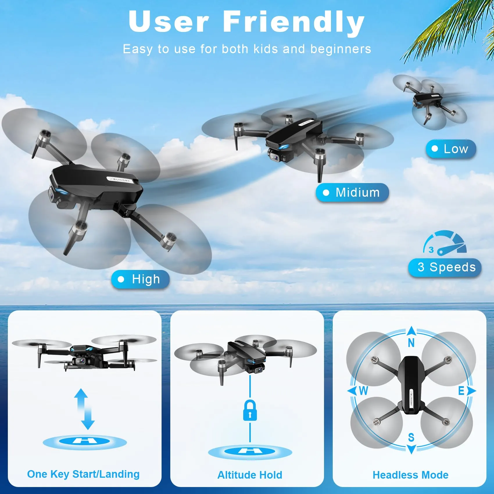 Drone with Camera, 2K FPV Drone with Brushless Motor, Altitude Hold, Gesture Selfie, One Key Take Off/Landing