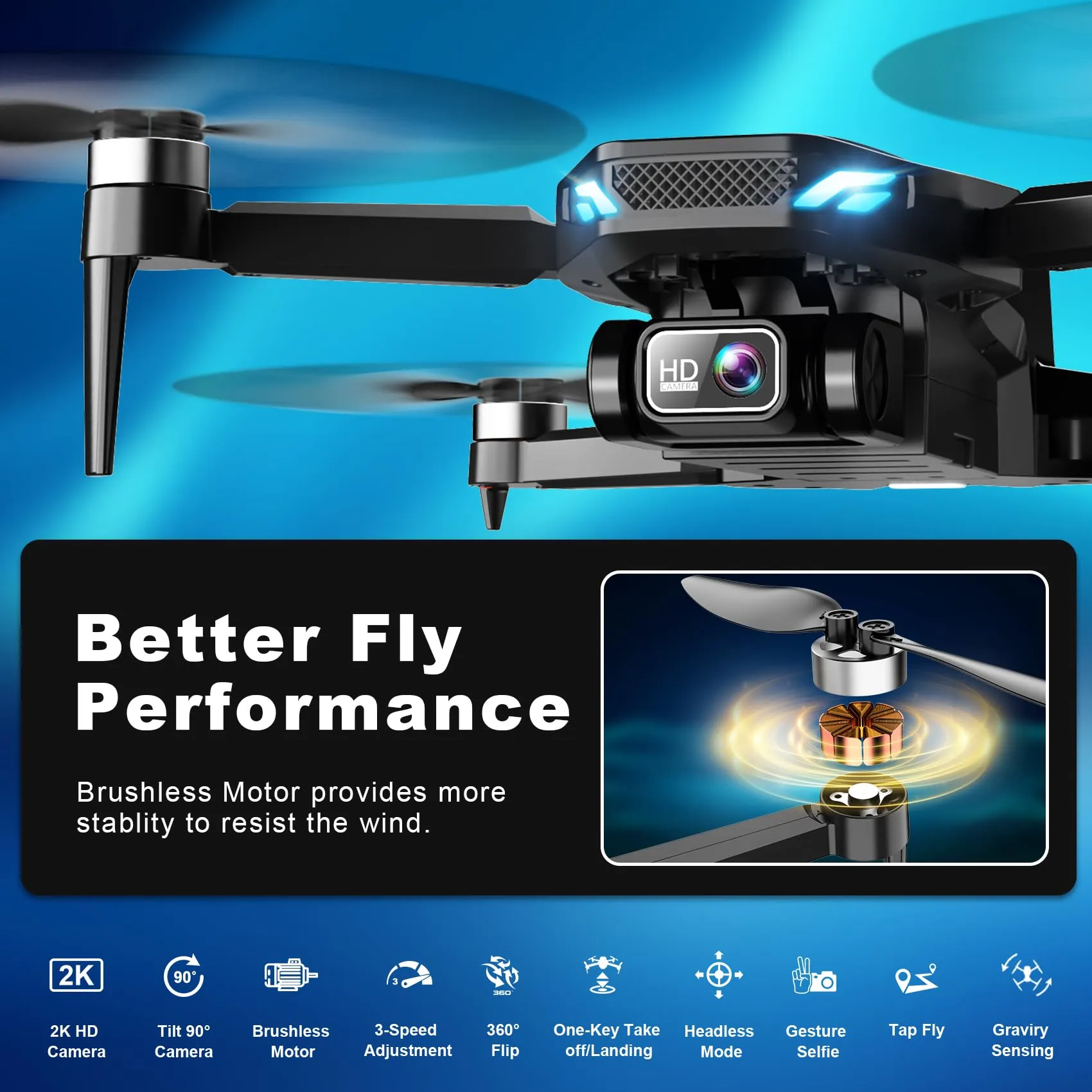 Drone with Camera, 2K FPV Drone with Brushless Motor, Altitude Hold, Gesture Selfie, One Key Take Off/Landing