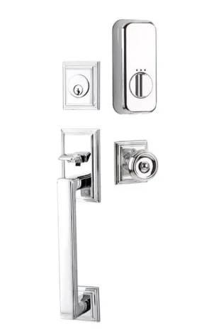 Emtek Single Cylinder Hamden Handleset EMPowered Motorized Smart Lock Upgrade With Select R-Bar White Marble Lever