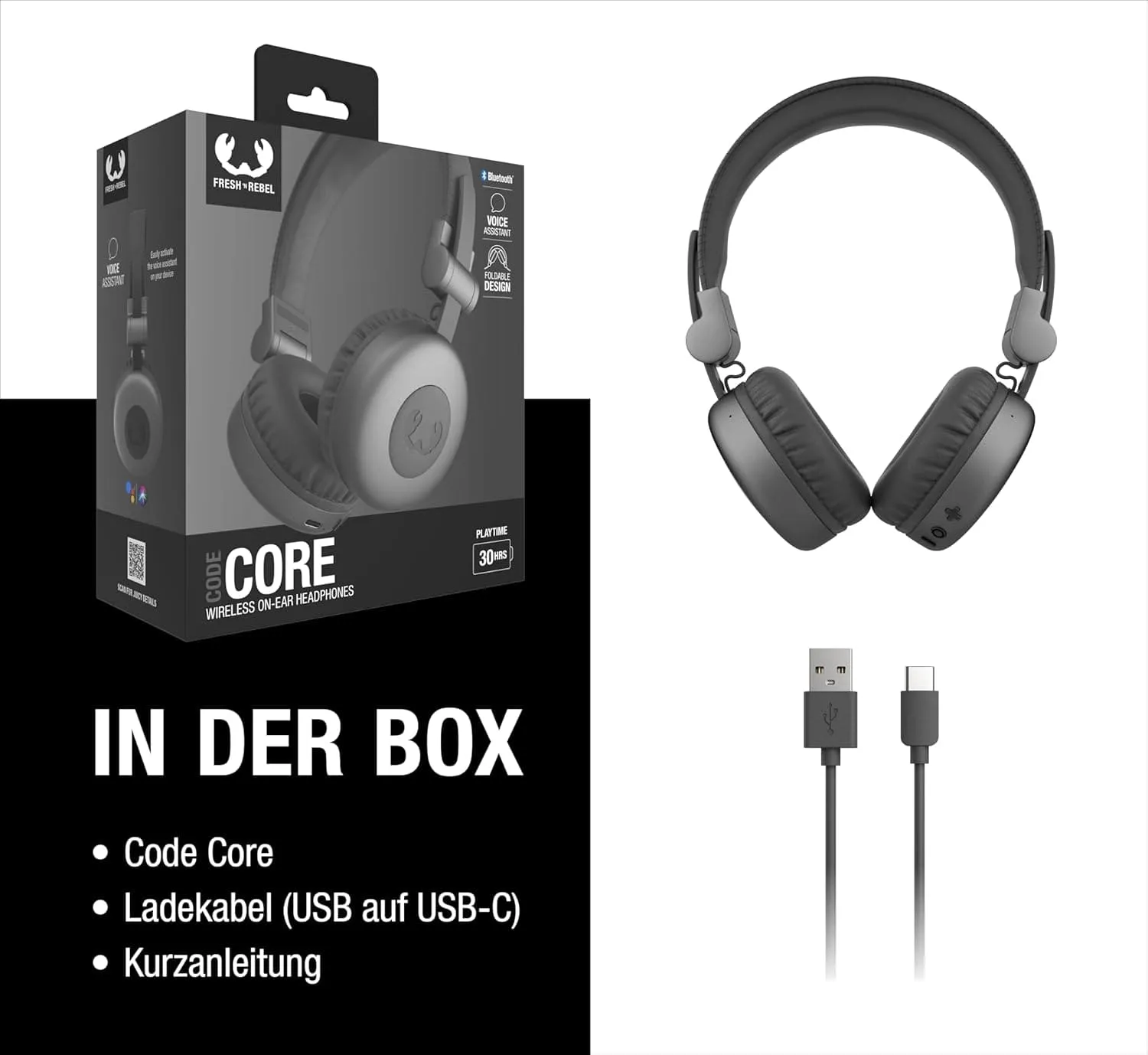 Fresh 'n Rebel Code Core Bluetooth Headphones - On-Ear, Wireless, 30 Hours Playtime, Microphone, Voice Assistant, Volume Control, Play/Pause Buttons, Foldable, Storm Grey