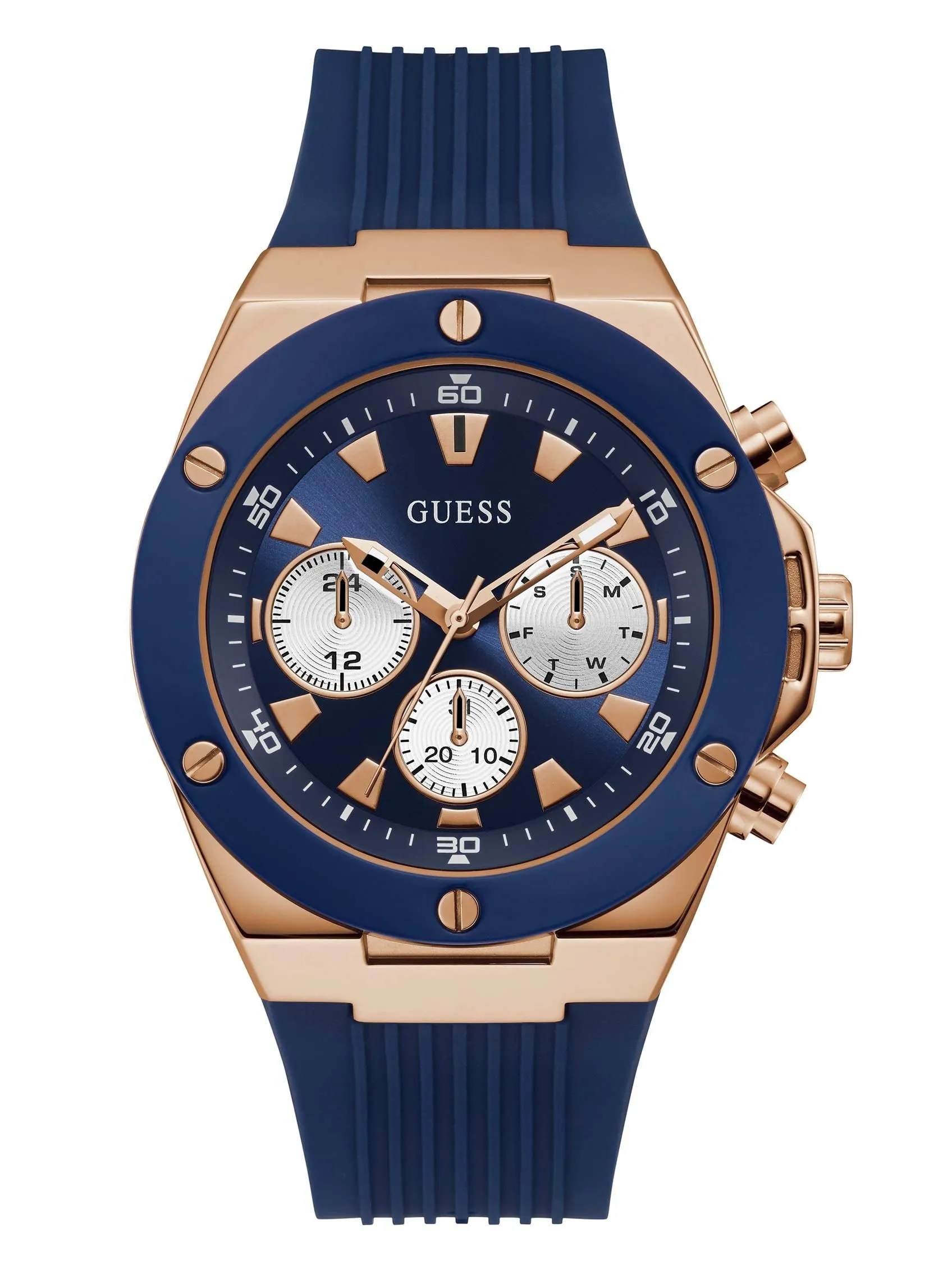 GUESS Mens 46 mm Poseidon Blue Dial Silicone Analog Watch - GW0057G2 (Not assigned,Not Assigned)