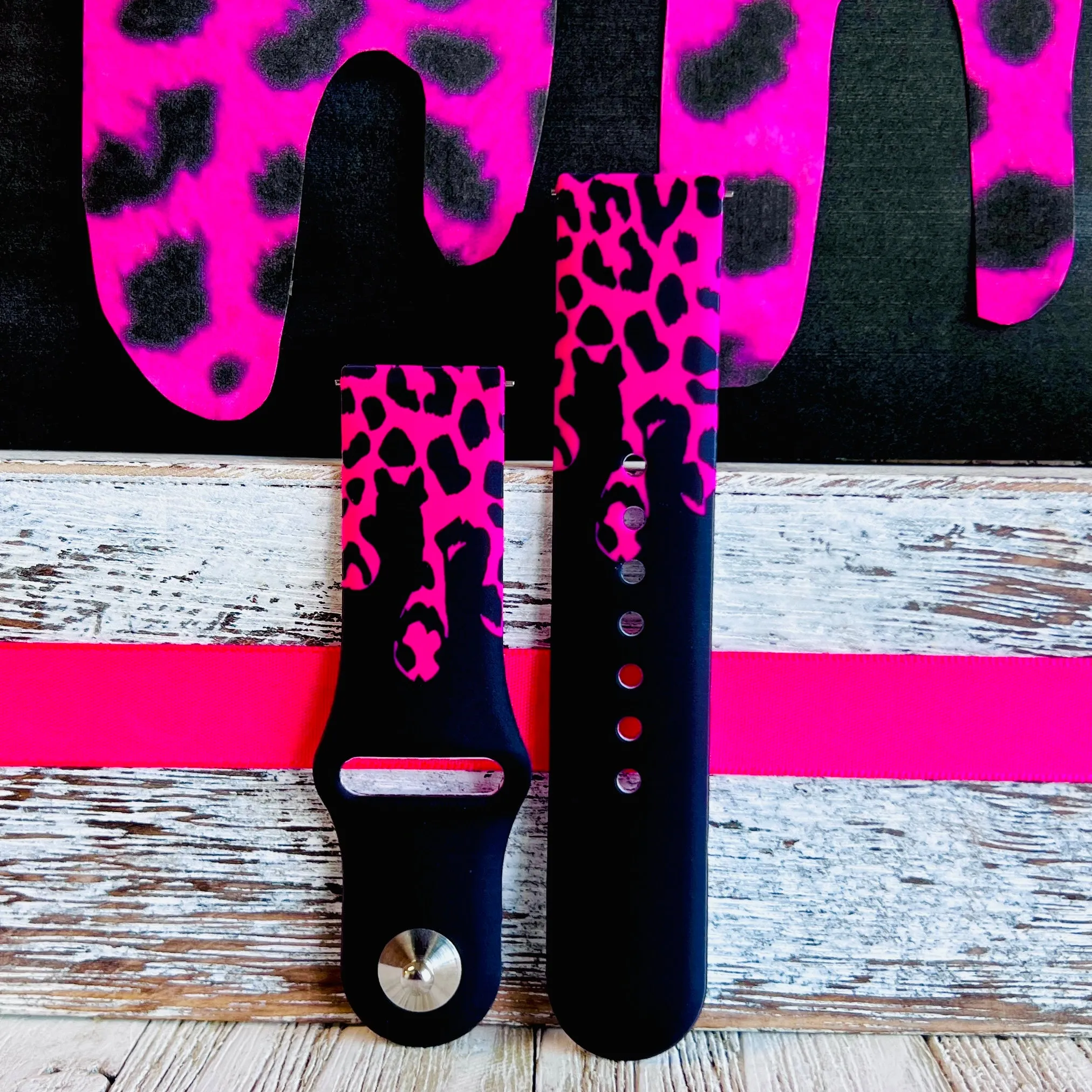 Hot Pink Black Leopard Drip Print Silicone Band For Samsung Watch