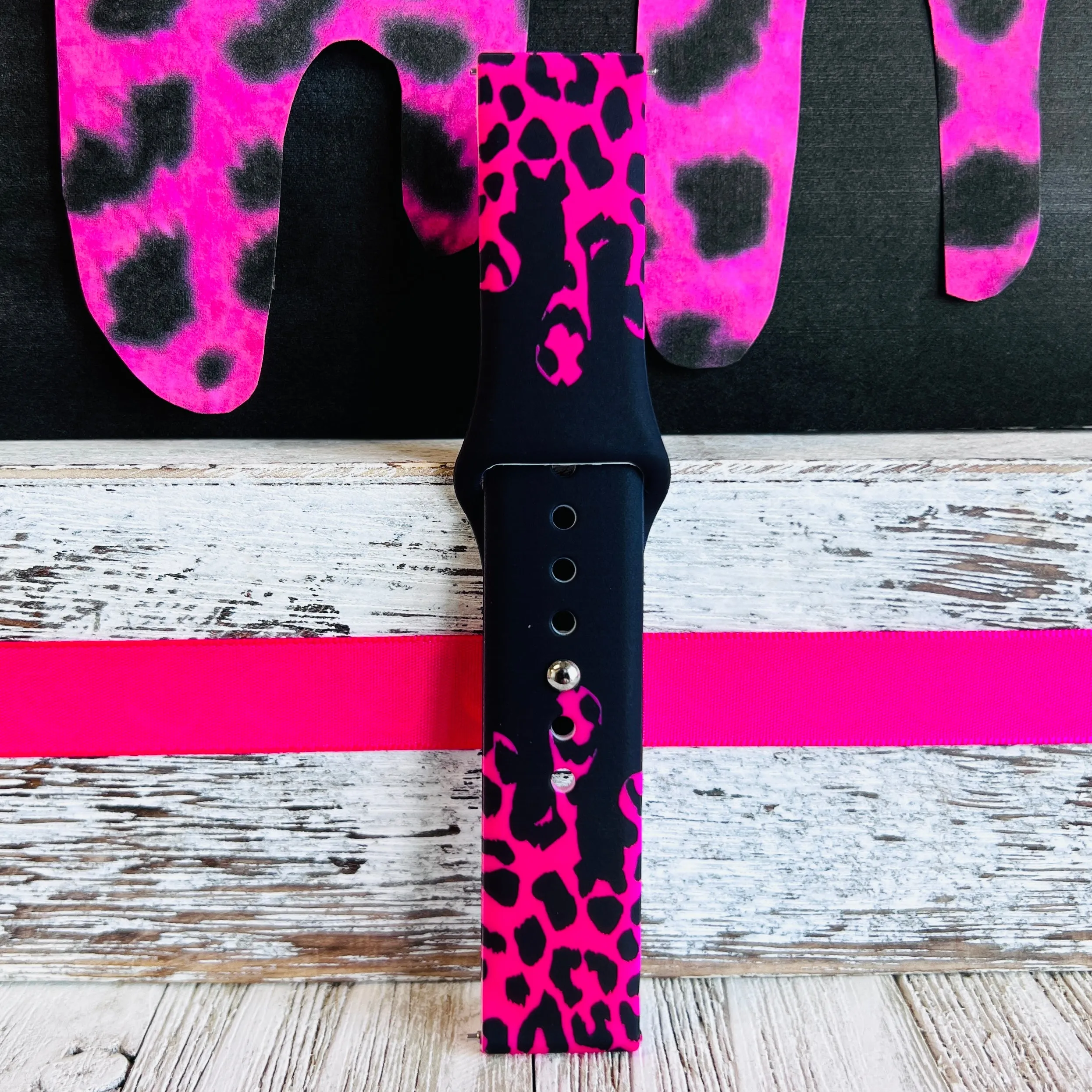 Hot Pink Black Leopard Drip Print Silicone Band For Samsung Watch