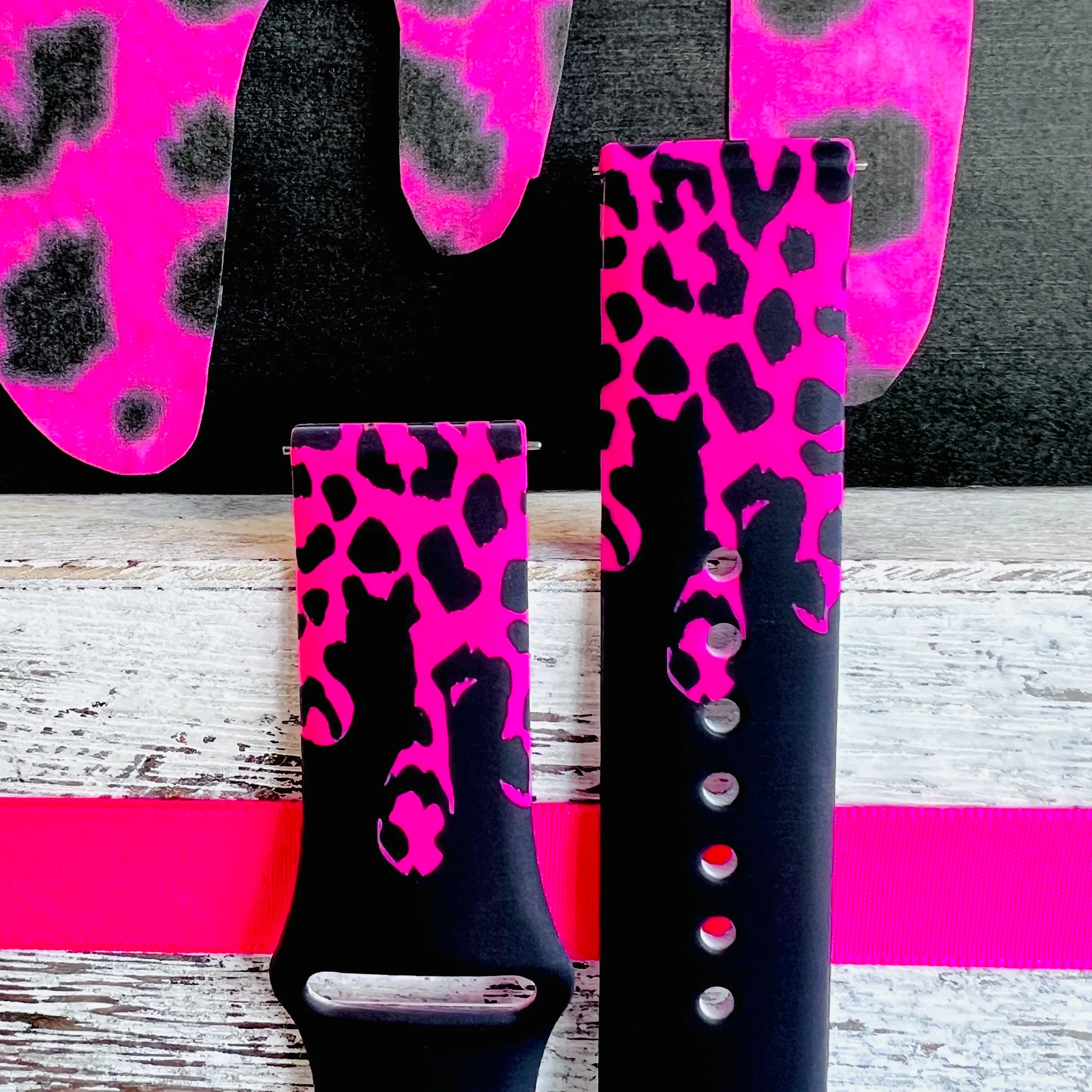 Hot Pink Black Leopard Drip Print Silicone Band For Samsung Watch