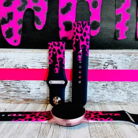 Hot Pink Black Leopard Drip Print Silicone Band For Samsung Watch