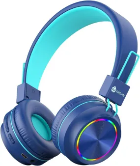 Iclever BTH03 Kids Headphones, Colorful LED Lights Kids Wireless Headphones with MIC, 25H Playtime, Stereo Sound, Bluetooth 5.0, Foldable, Childrens Headphones on Ear for Study Tablet Airplane, Blue