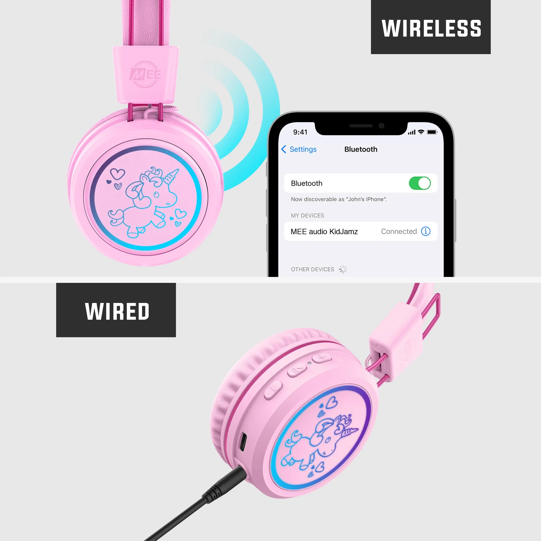 KidJamz KJ55BT Bluetooth Wireless Headphones for Kids with LED Lights [Bluetooth]