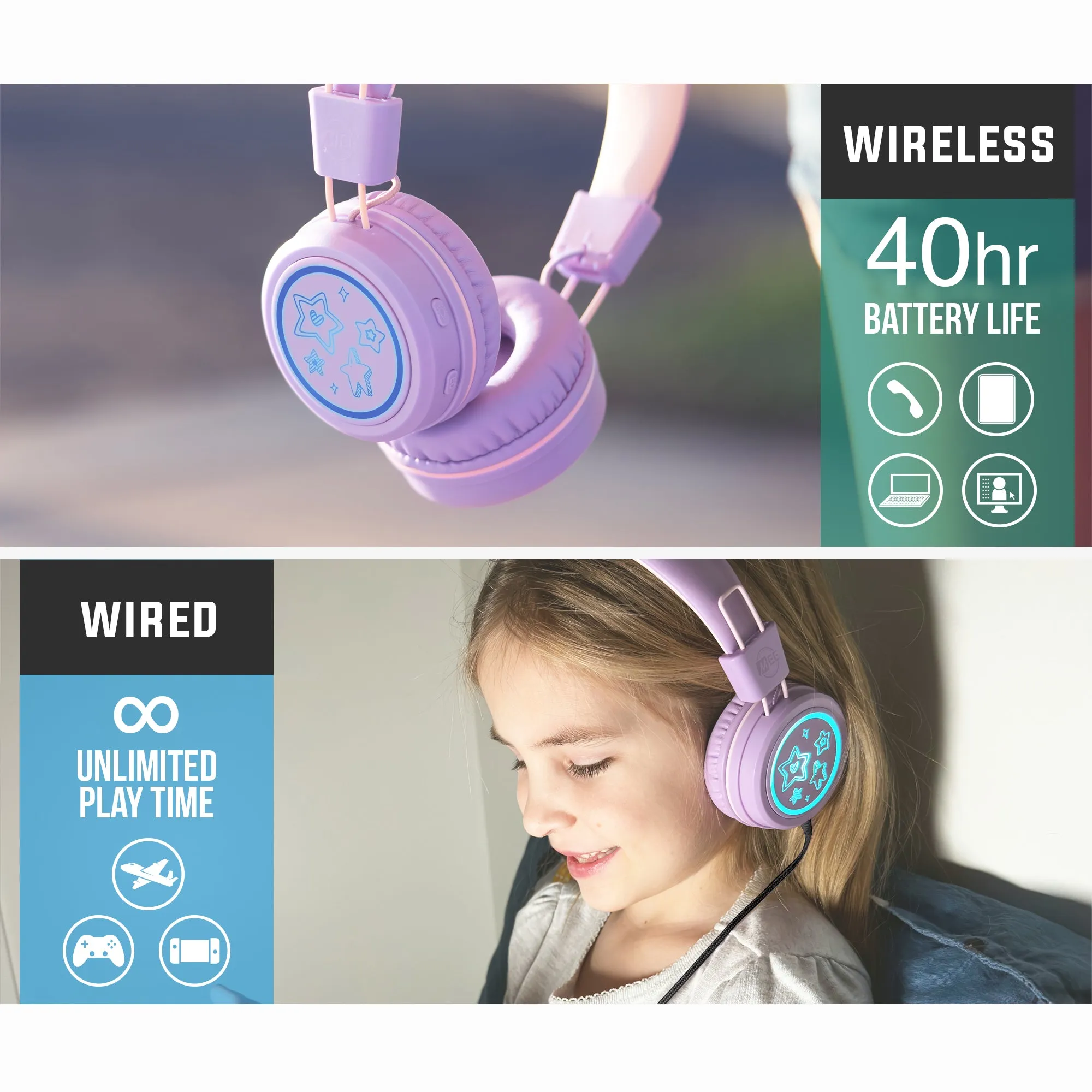 KidJamz KJ55BT Bluetooth Wireless Headphones for Kids with LED Lights [Bluetooth]