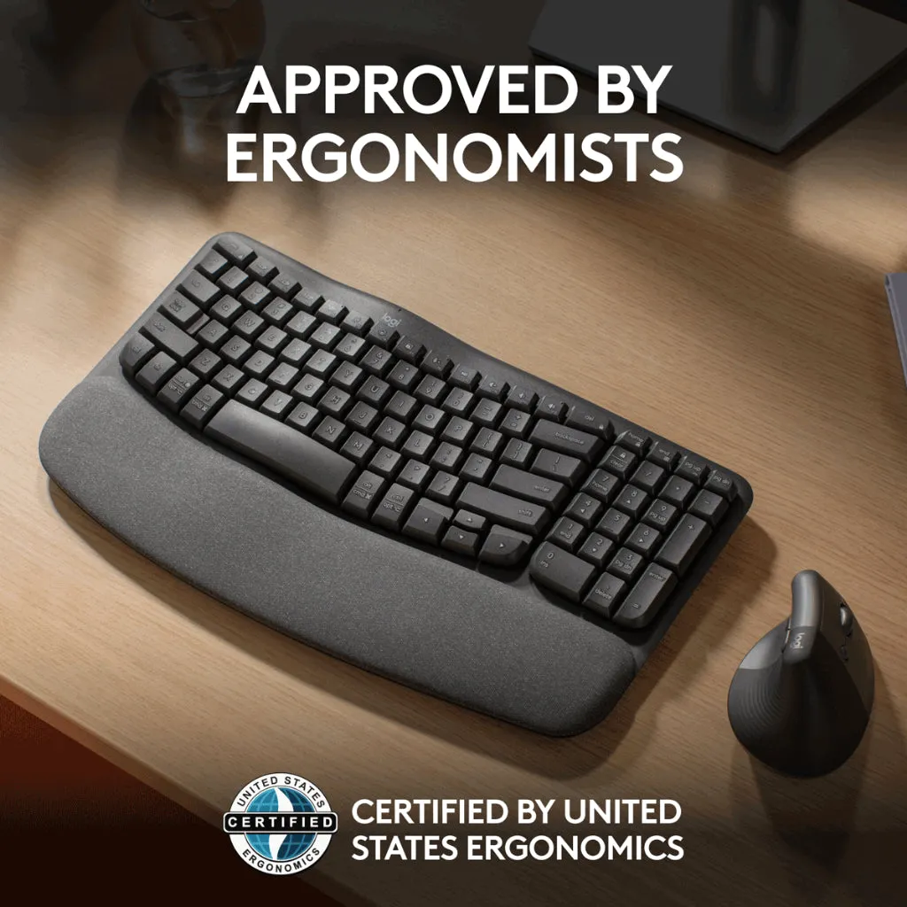 Logitech Wave Keys Wireless Ergonomic Keyboard with Cushioned Palm Rest, Comfortable Natural Typing, Easy-Switch