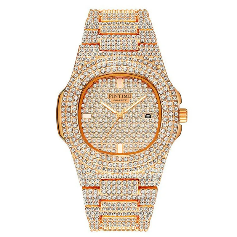 Luxury Mens/Womens Unisex Crystal Watch Bling Iced-Out Watch Oblong Silver/Golden Wristwatch Fashion Rhinestones Quartz Analog Watch With Stainless Steel Bracelet