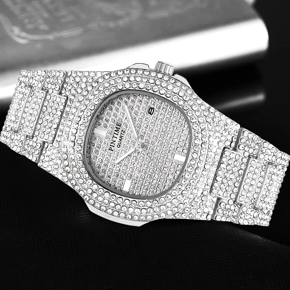 Luxury Mens/Womens Unisex Crystal Watch Bling Iced-Out Watch Oblong Silver/Golden Wristwatch Fashion Rhinestones Quartz Analog Watch With Stainless Steel Bracelet