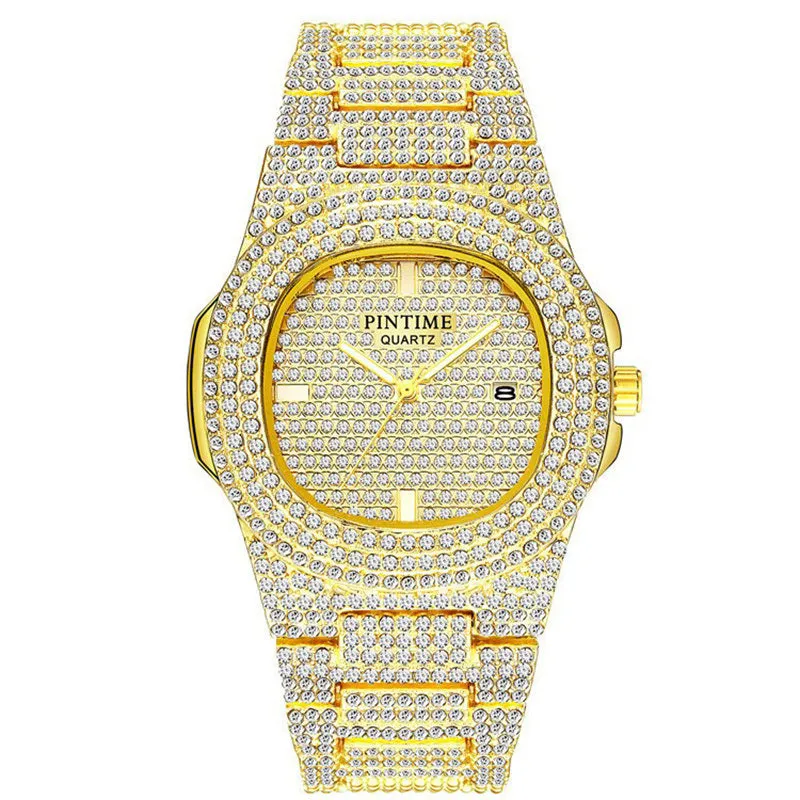 Luxury Mens/Womens Unisex Crystal Watch Bling Iced-Out Watch Oblong Silver/Golden Wristwatch Fashion Rhinestones Quartz Analog Watch With Stainless Steel Bracelet