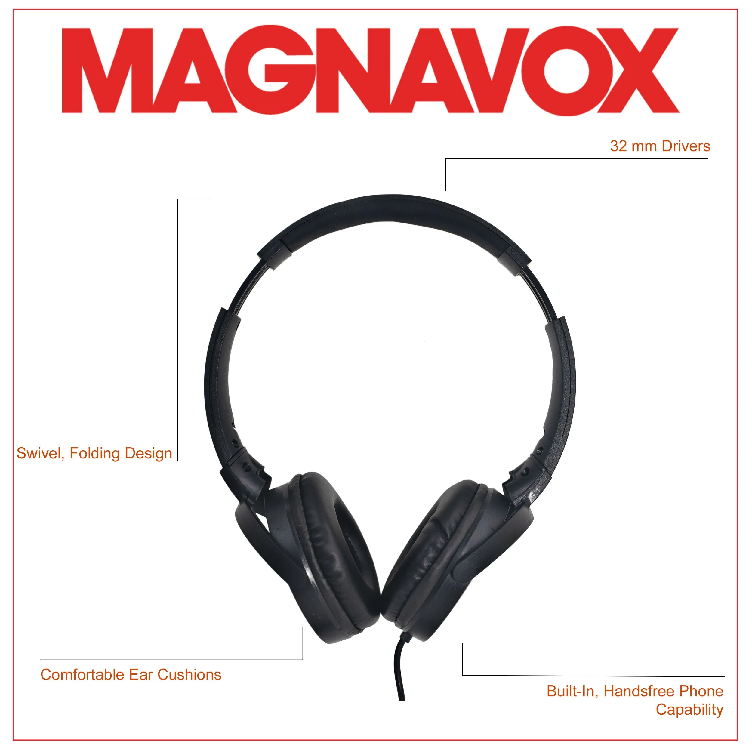 Magnavox MHP5026M-BK Stereo Headphones with Microphone in Black