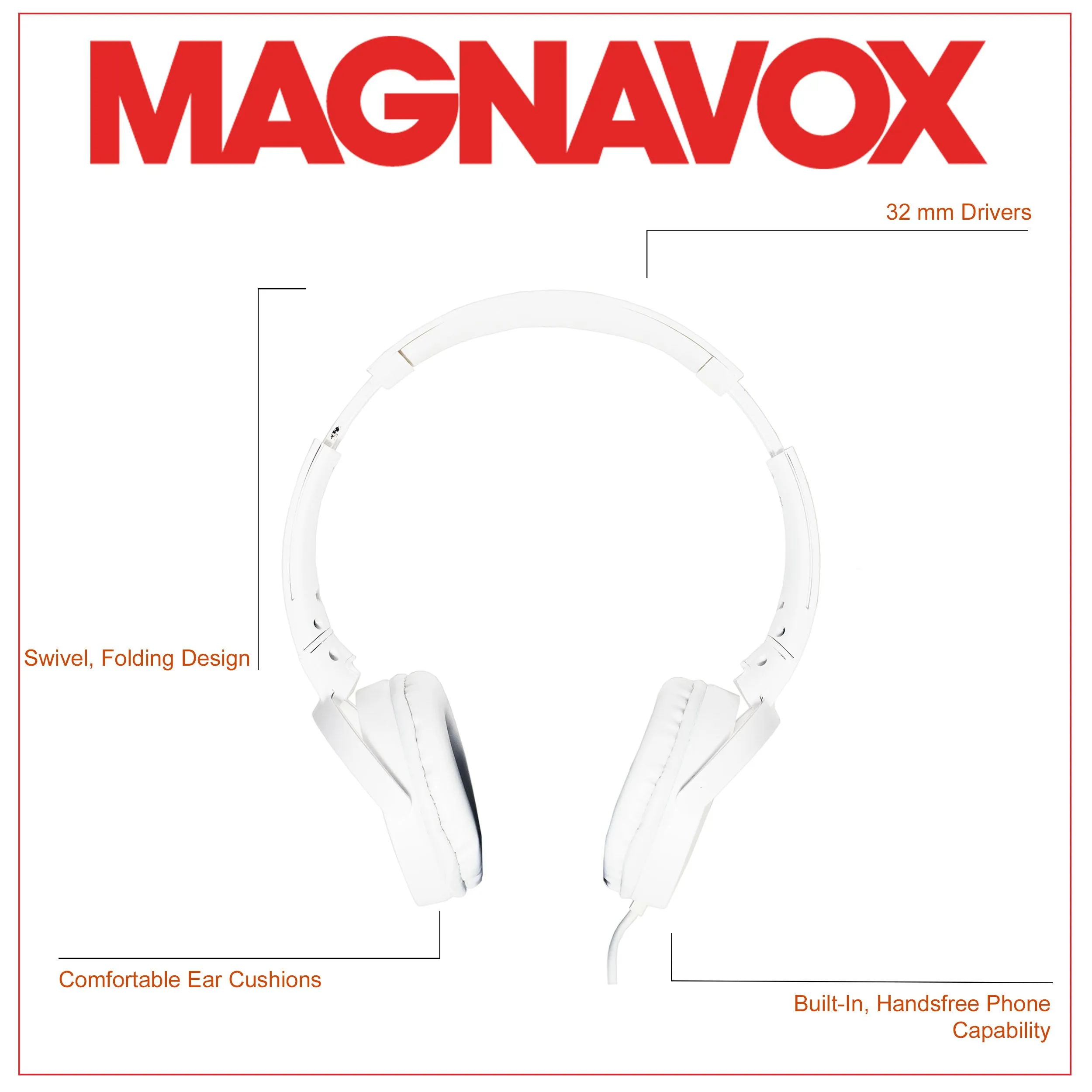 Magnavox MHP5026M-WH Stereo Headphones with Microphone in White