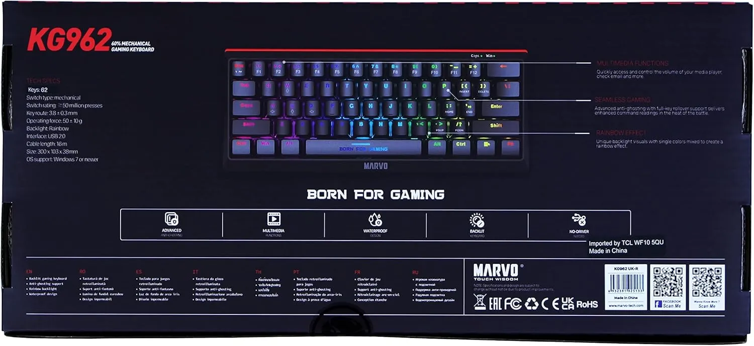 MARVO KG962 Mechanical Gaming Keyboard – 60% Compact Design, Rainbow Backlit, Full Anti-Ghosting, N-Key Rollover, Red Switches, UK Layout