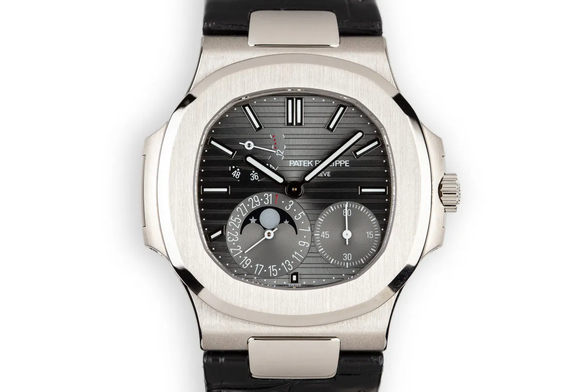 Mint 2018 18K White Gold Patek Philippe Nautilus 5712 Moon Phase Grey Dial with Box, Papers, and Travel Case