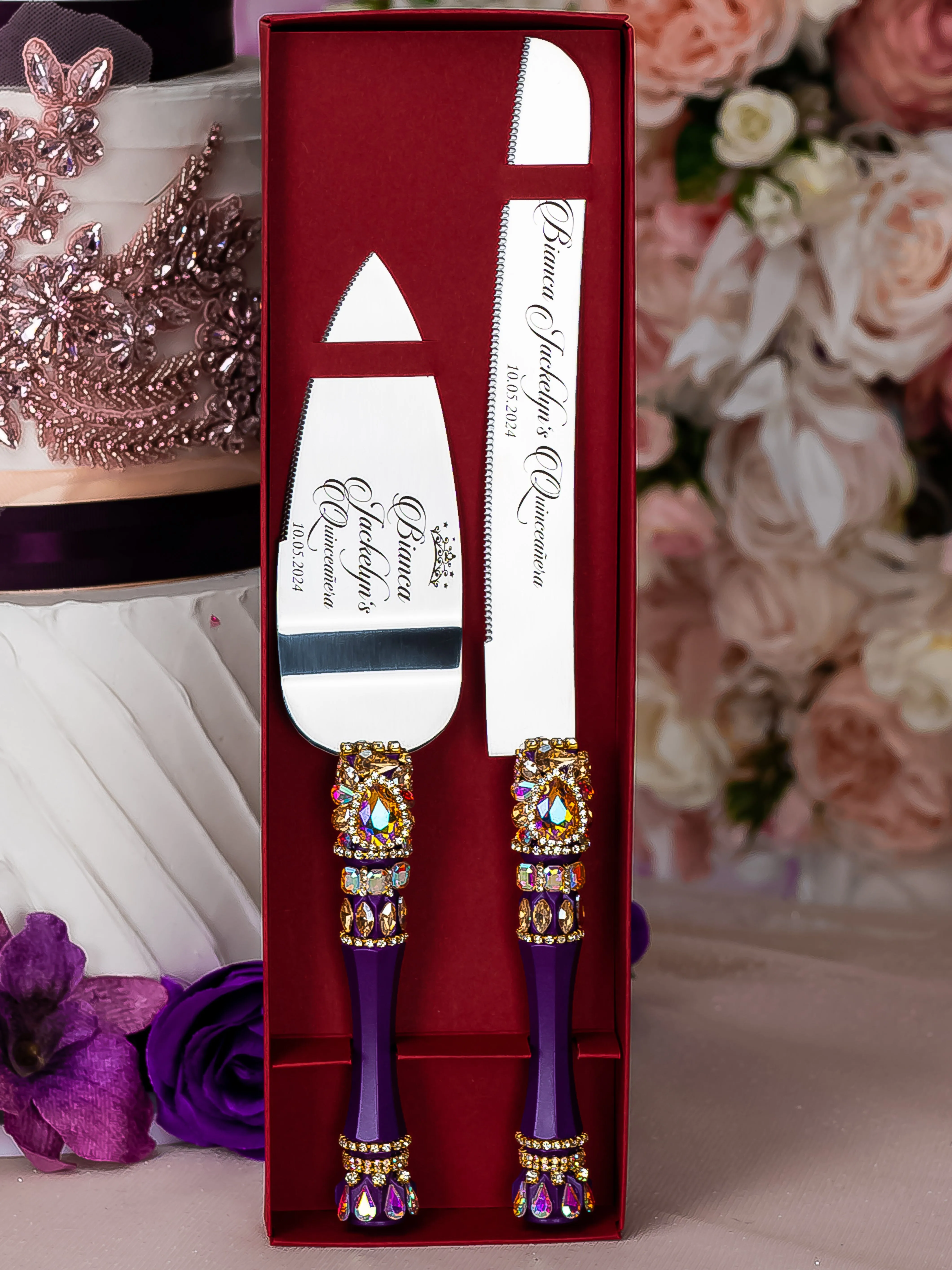 Plum quinceanera cake knife set with 2 glasses