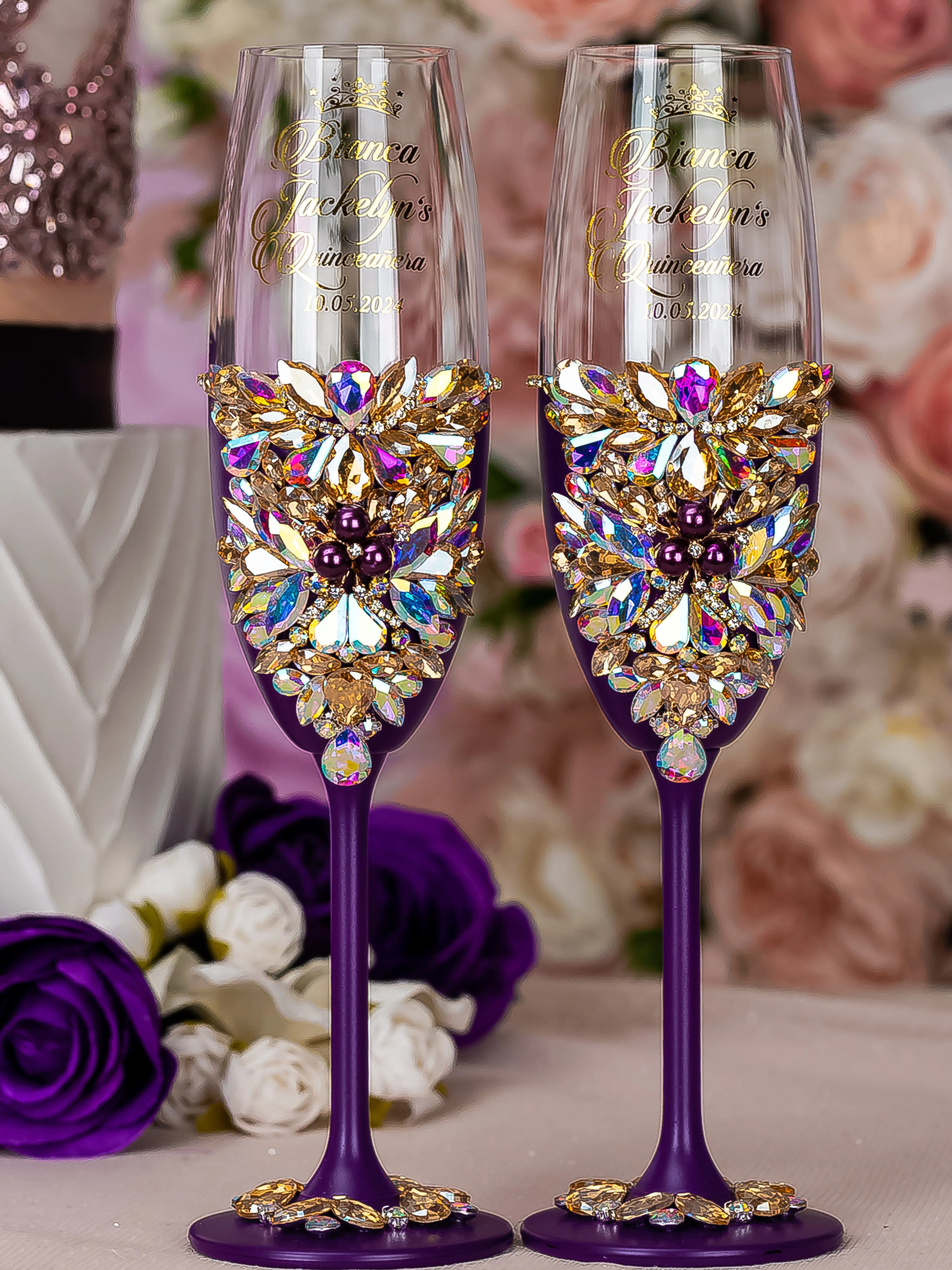 Plum quinceanera cake knife set with 2 glasses