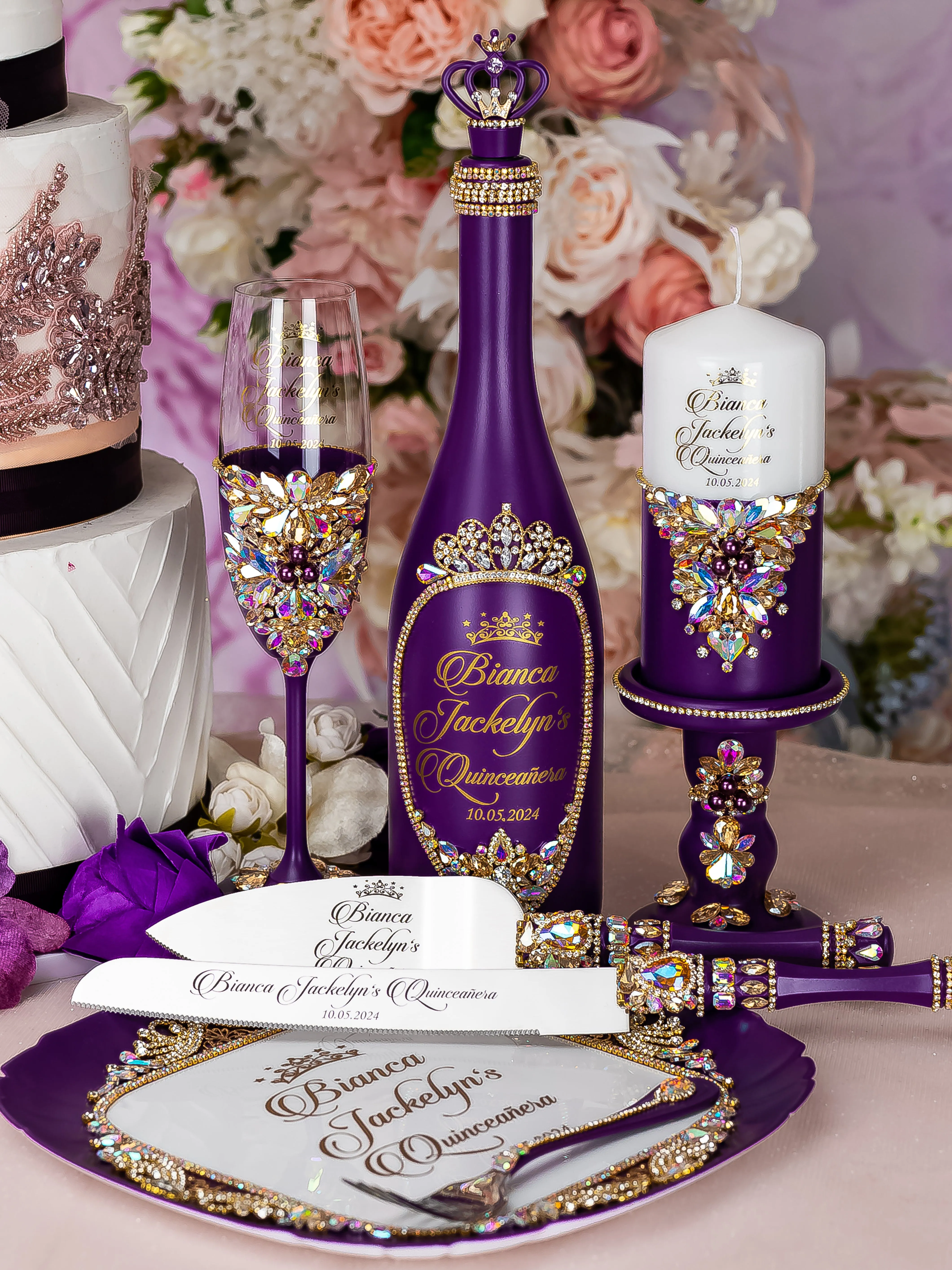 Plum quinceanera cake knife set with 2 glasses