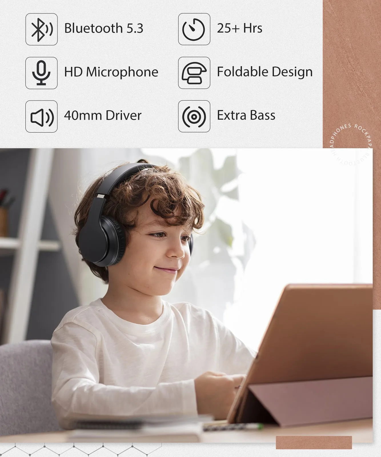 Rockpapa E7 Foldable Wireless/Wired Headphones  Bluetooth for Adults Kids