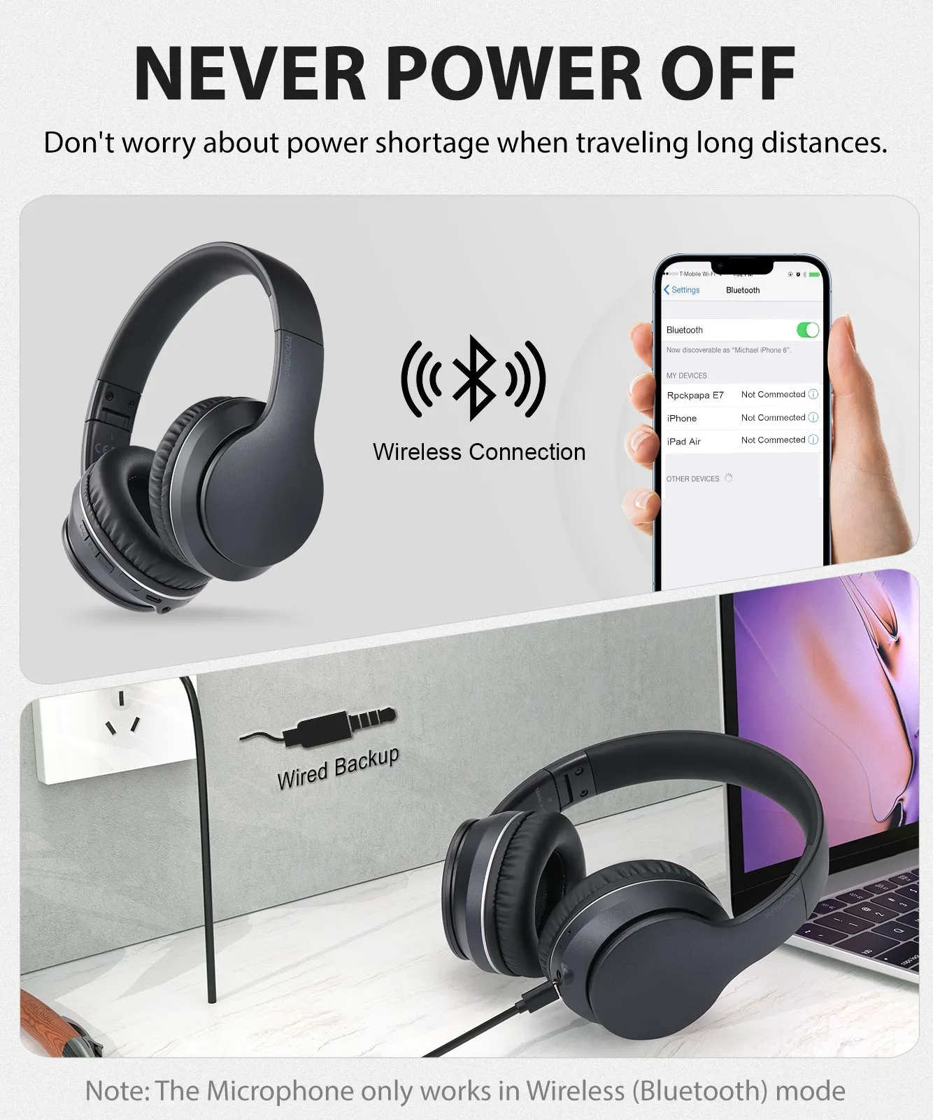 Rockpapa E7 Foldable Wireless/Wired Headphones  Bluetooth for Adults Kids