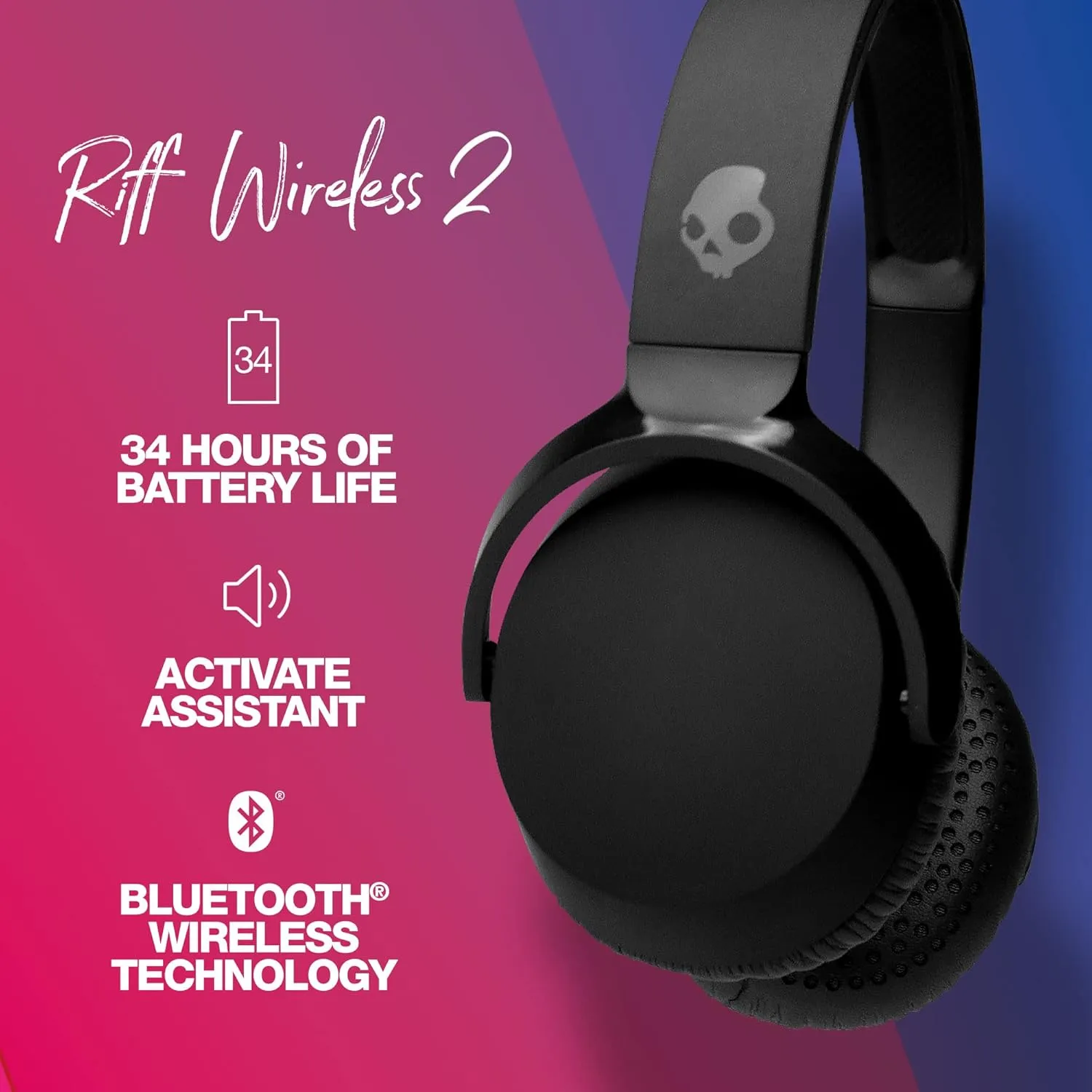 Skullcandy Riff 2 Wireless On-Ear Headphones | 34-Hour Battery, Mic, Bluetooth for iPhone & Android - Black