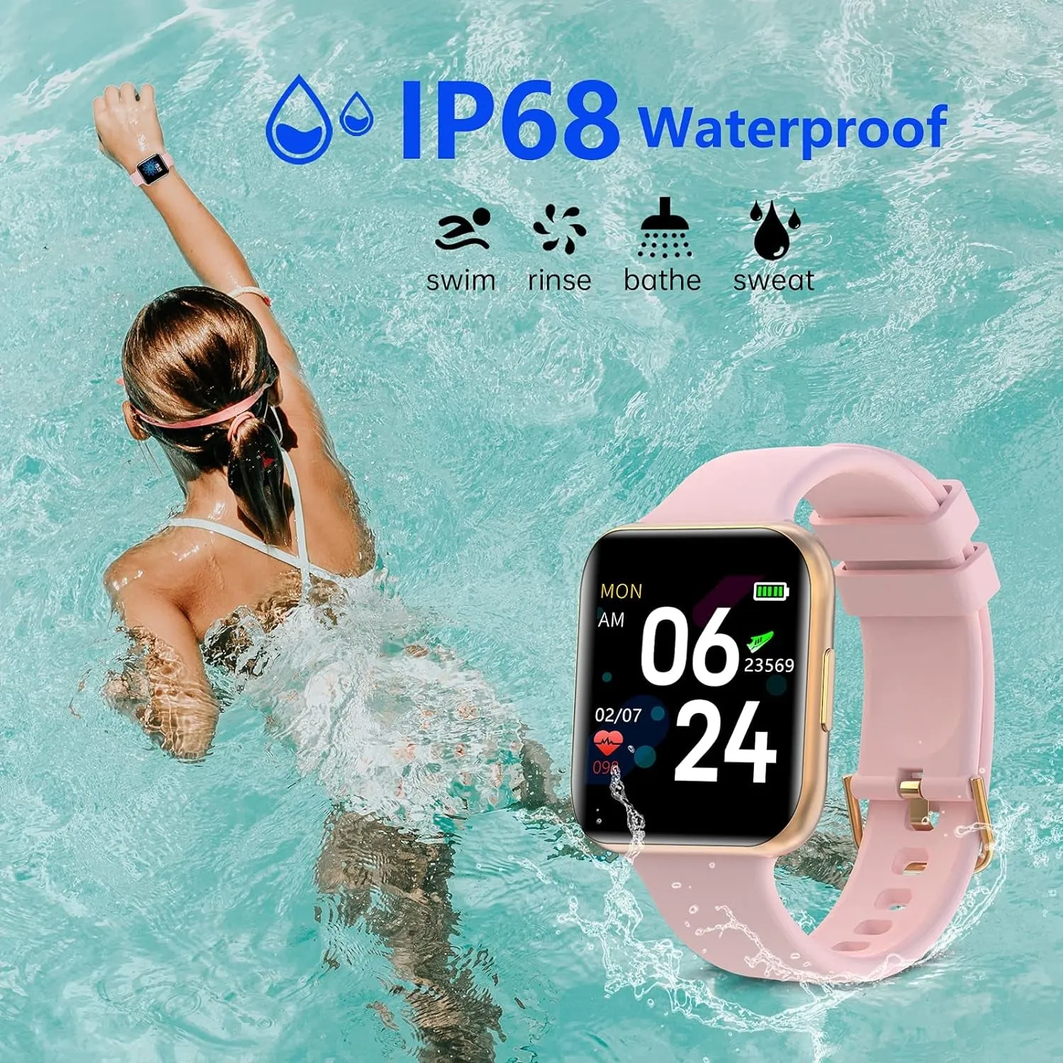 Smart Watches for Women Activity Fitness Tracker Band Step Smartwatch Heart Rate Sleep Monitor IP68 Swimming Waterproof Compatible with Iphone Samsung Android, Pink