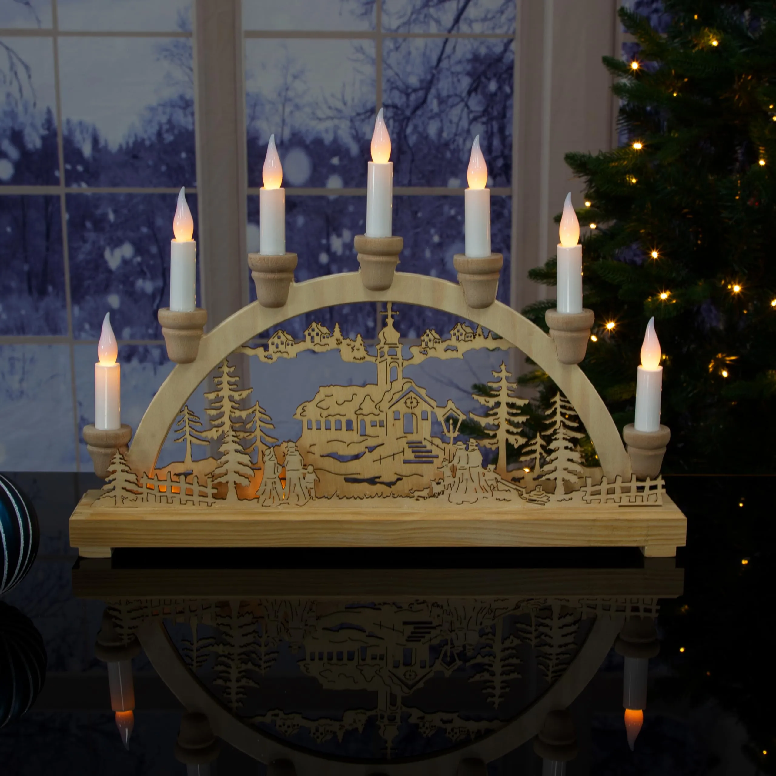 The Christmas Workshop 70780 Wooden Illuminated Candle Bridge / 7 Warm White Candles / Indoor Christmas Decoration / Battery Operated / 36cm x 27.5cm x 5.5cm