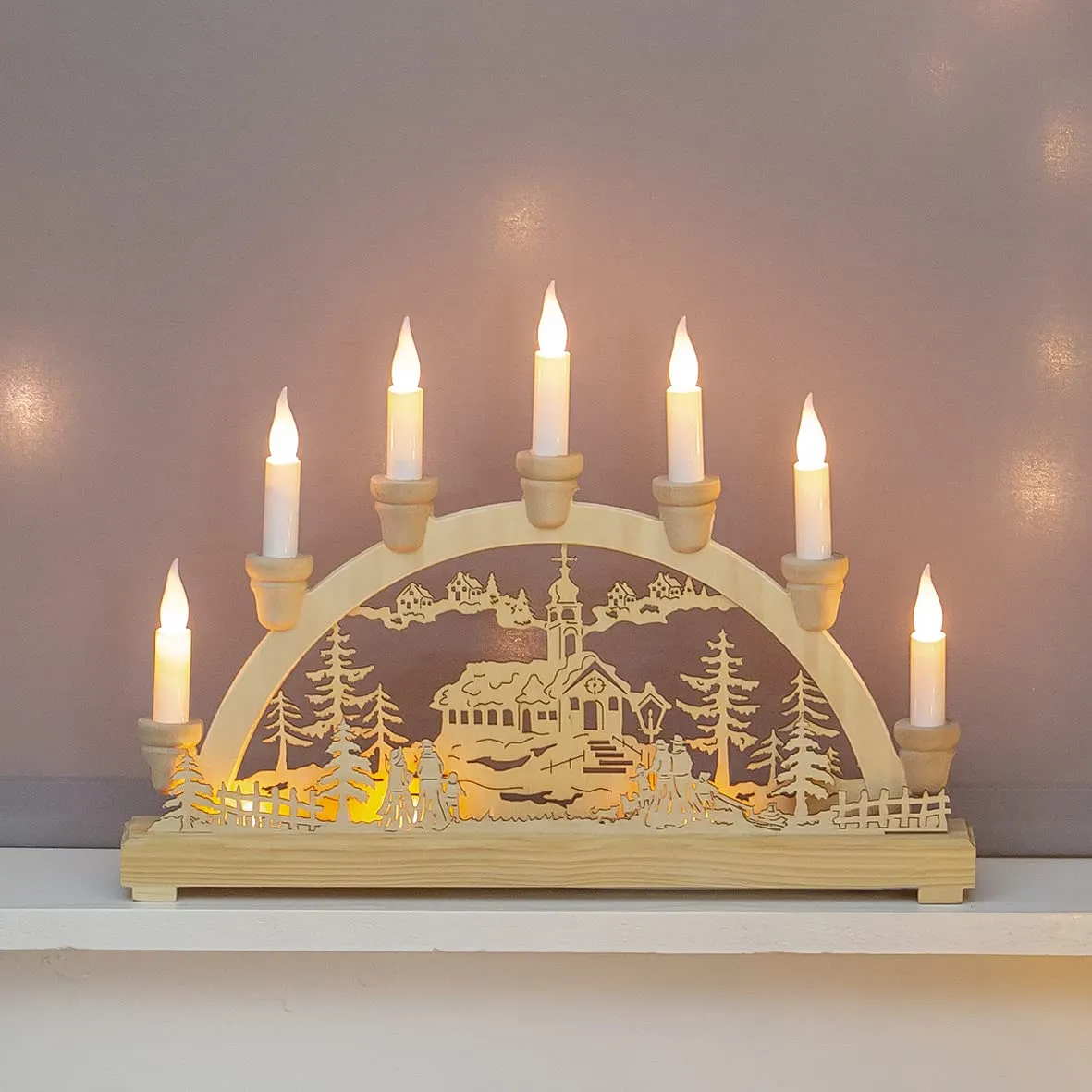 The Christmas Workshop 70780 Wooden Illuminated Candle Bridge / 7 Warm White Candles / Indoor Christmas Decoration / Battery Operated / 36cm x 27.5cm x 5.5cm