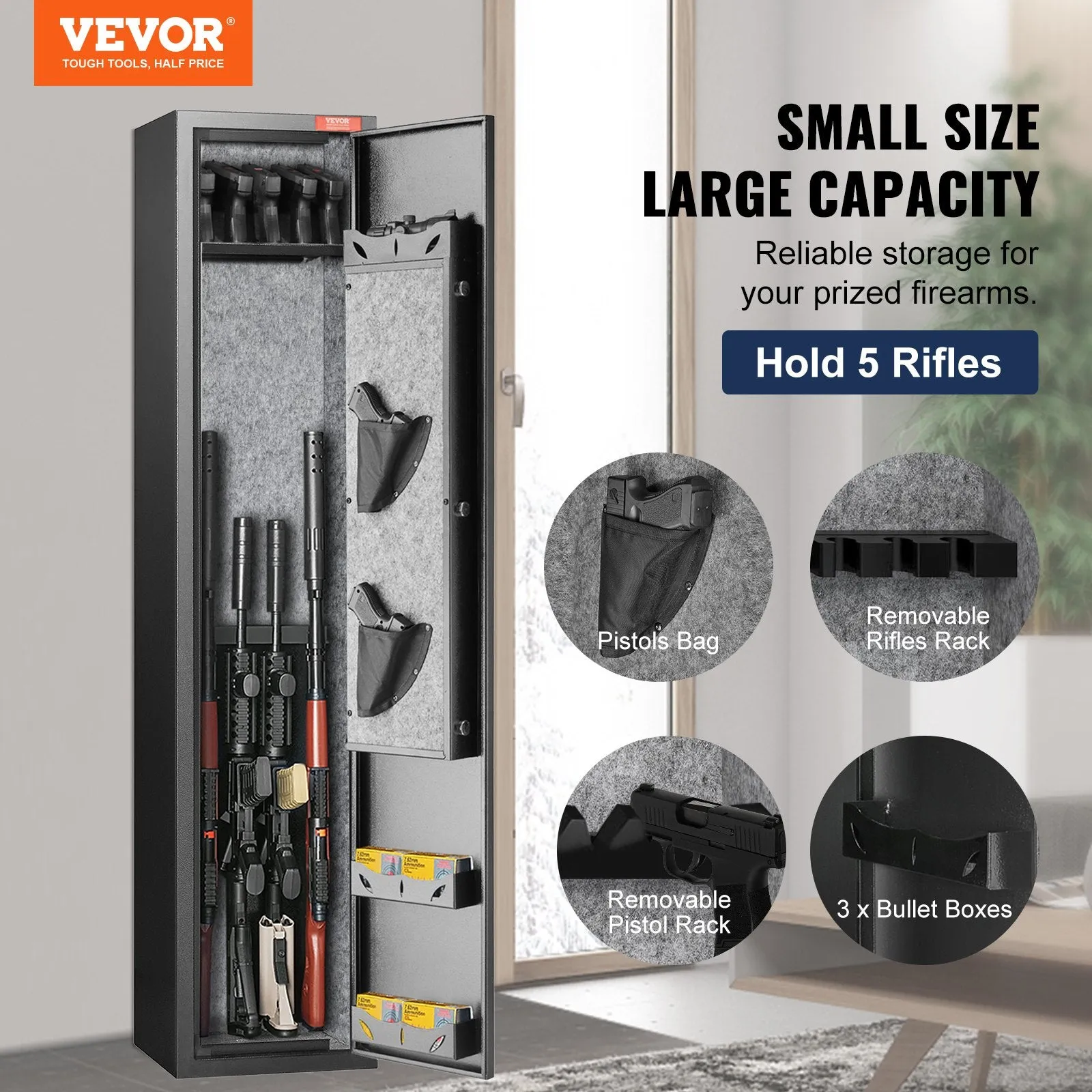 Vevor Gun Safe 5 Rifles Cabinet with Fingerprint Lock Digital Keypad Removable Shelf and Pistol Rack New