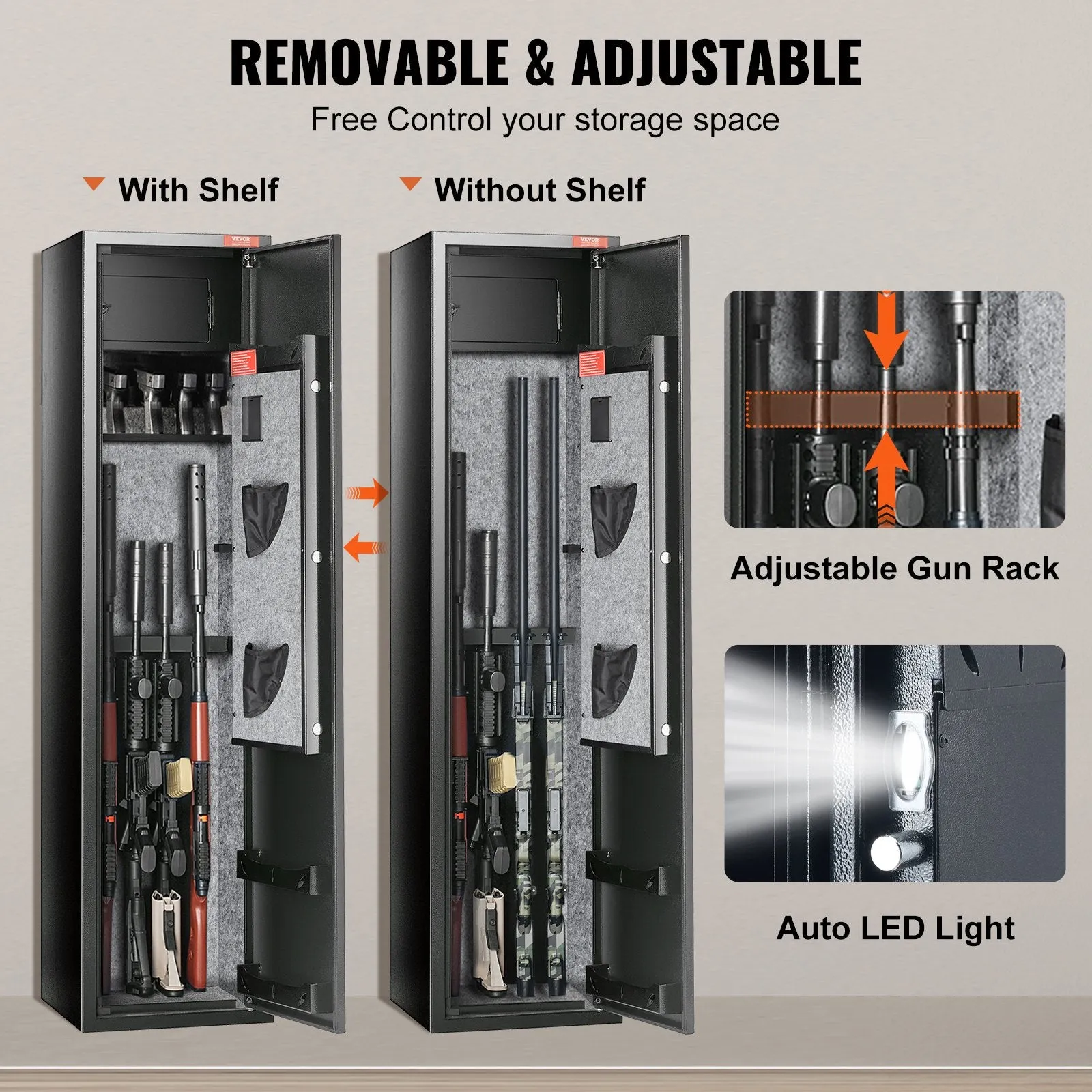 Vevor Gun Safe 6 Rifles Cabinet with Fingerprint Lock Digital Keypad Removable Shelf and Built-In Locker New