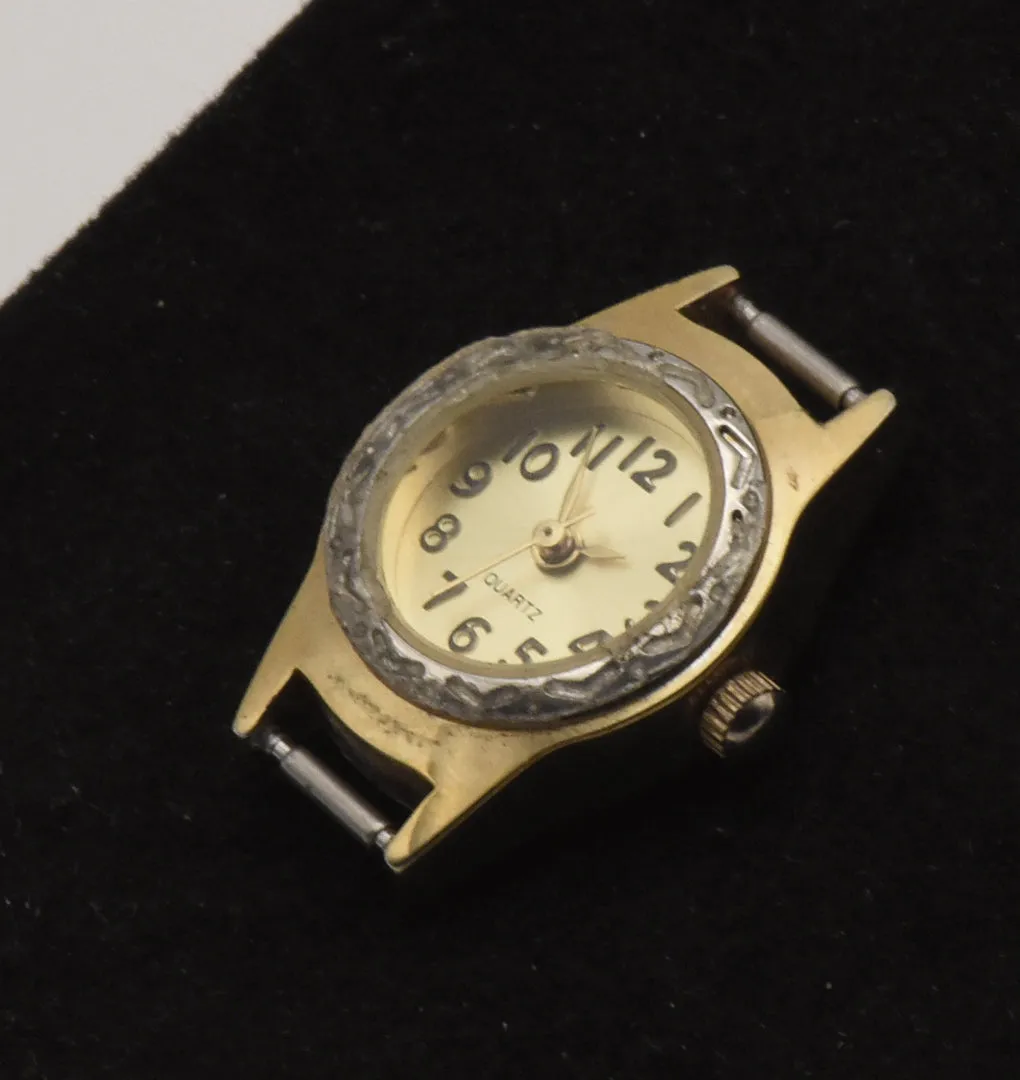 Vintage Gold Tone Metal with Silver Tone Engraved Bezel Analog Watch Face