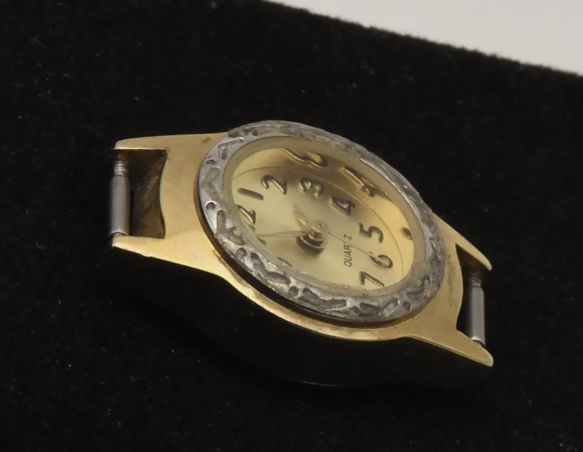 Vintage Gold Tone Metal with Silver Tone Engraved Bezel Analog Watch Face