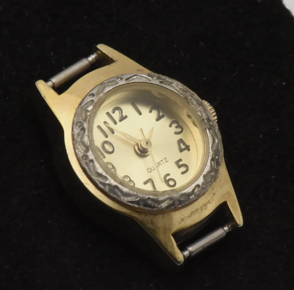 Vintage Gold Tone Metal with Silver Tone Engraved Bezel Analog Watch Face