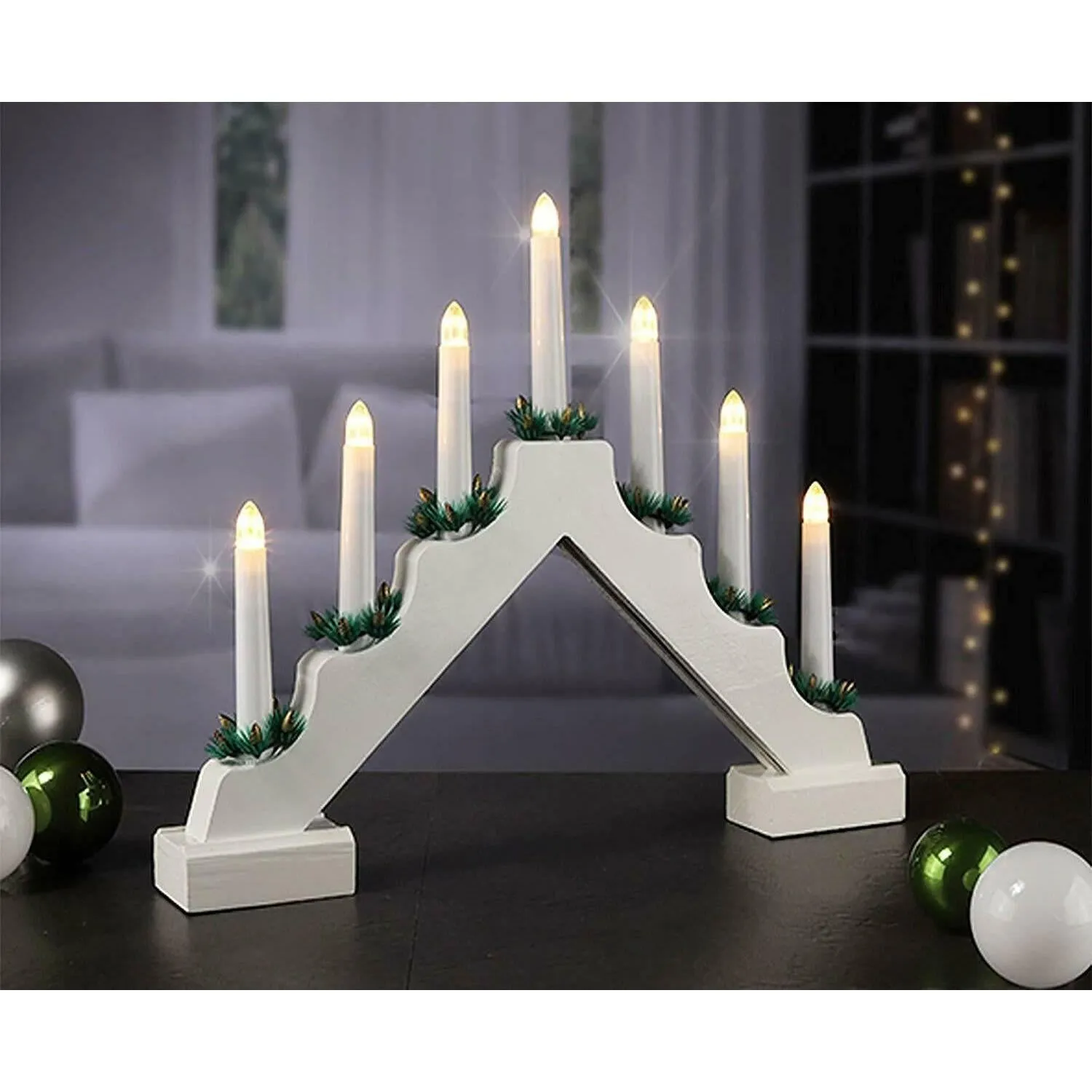 White Pre-Lit Wooden Candle Bridge With 7 Led Lights