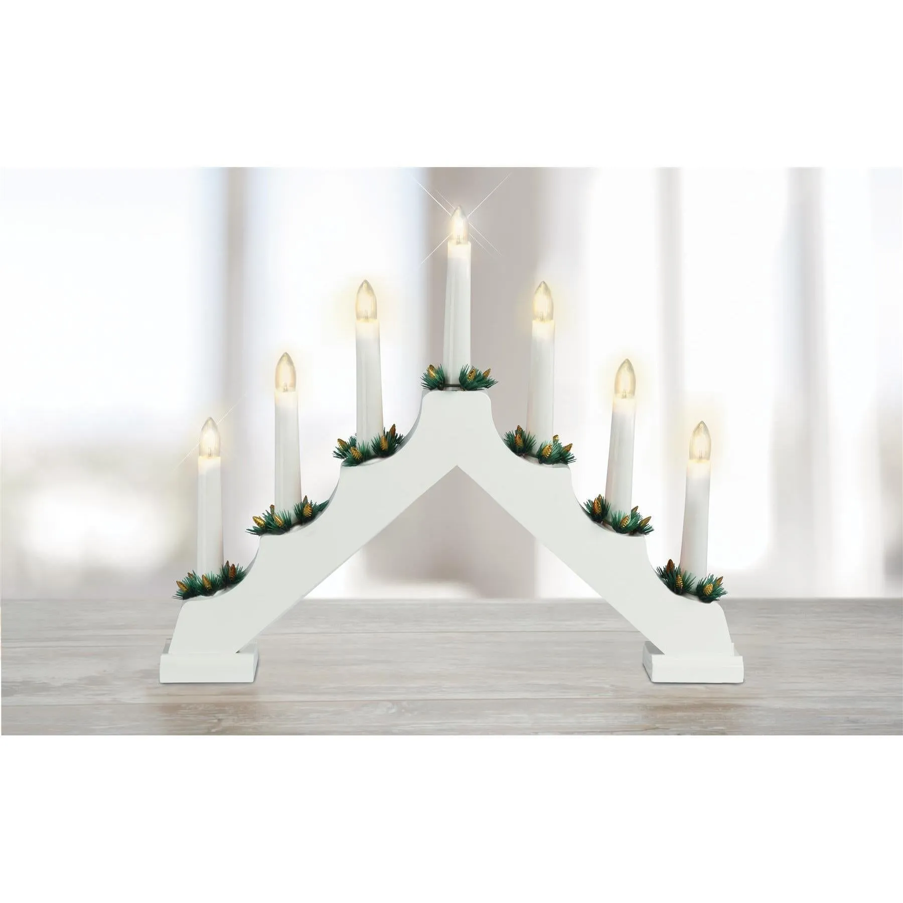 White Pre-Lit Wooden Candle Bridge With 7 Led Lights