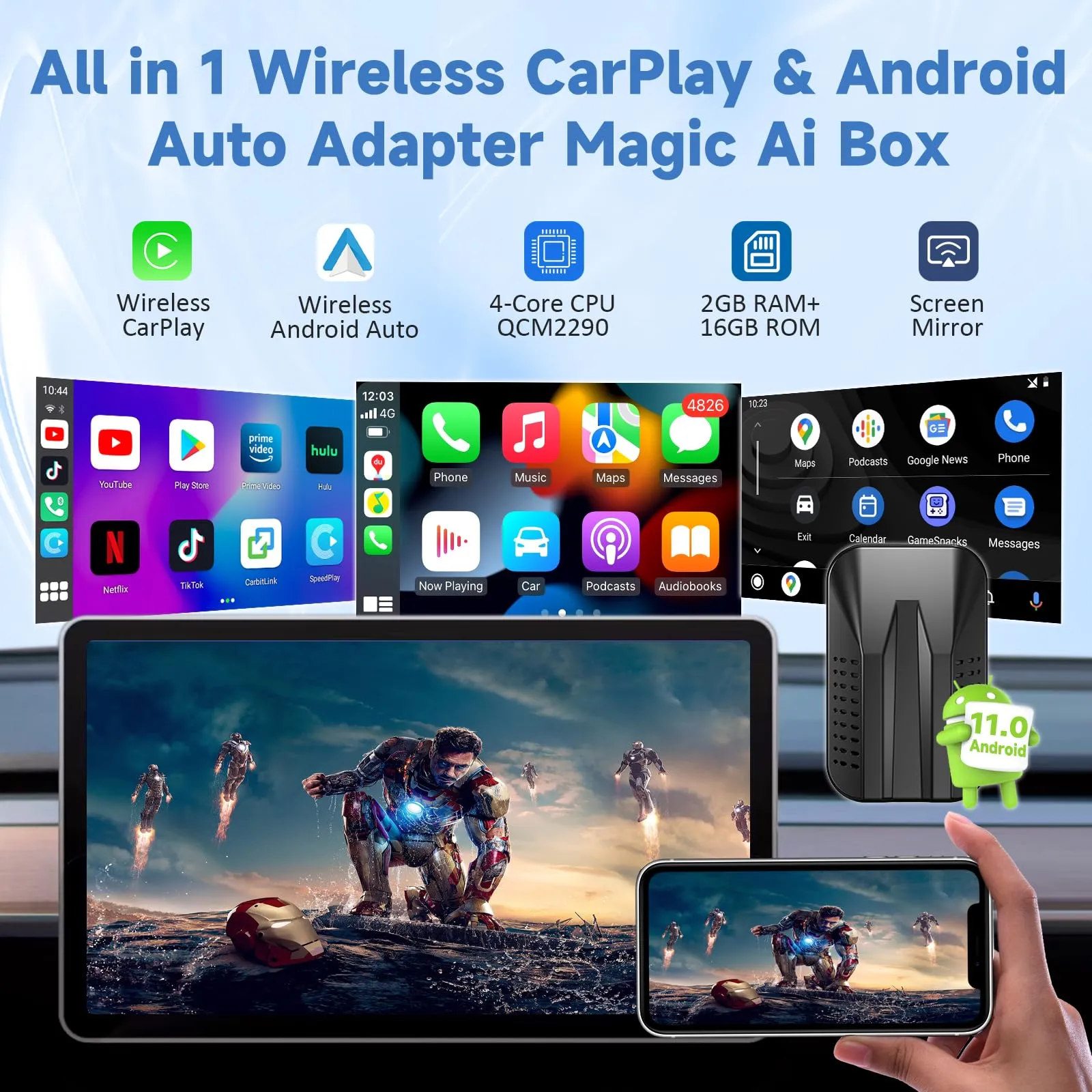 Wireless CarPlay & Android Auto Adapter with Netflix YouTube Google Play, 2023 Upgrade Magic Box CarPlay Ai Box for Factory Wired CarPlay Cars, Online Update, 5GHz WiFi, TF Card, Mirroring